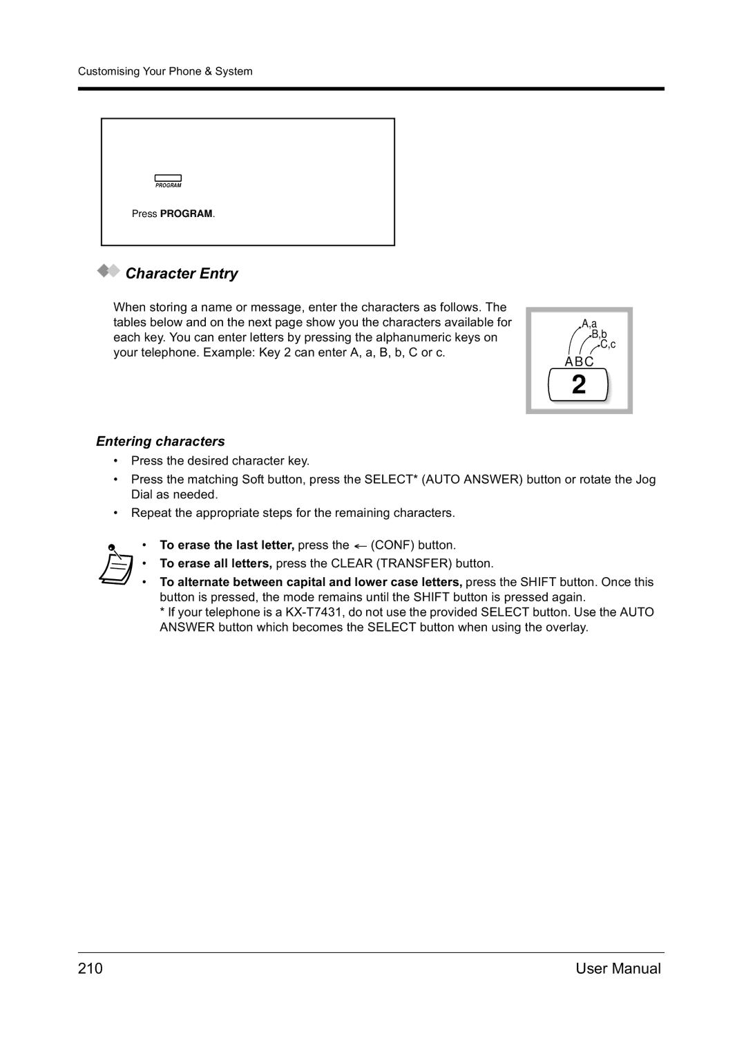 Panasonic KX-TD612NZ user manual Character Entry, 210, Entering characters 