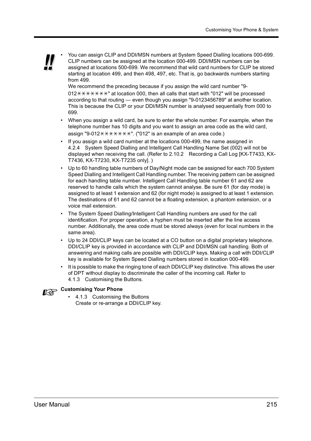 Panasonic KX-TD612NZ user manual 215, Customising Your Phone 