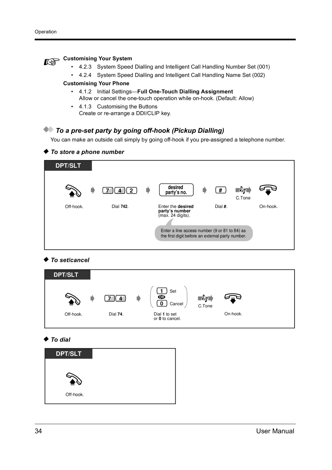 Panasonic KX-TD612NZ user manual To a pre-set party by going off-hook Pickup Dialling, To set/cancel, Party’s no 