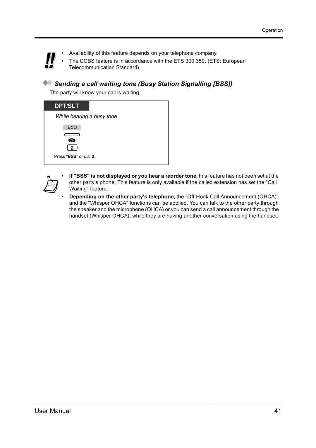 Panasonic KX-TD612NZ user manual Sending a call waiting tone Busy Station Signalling BSS 