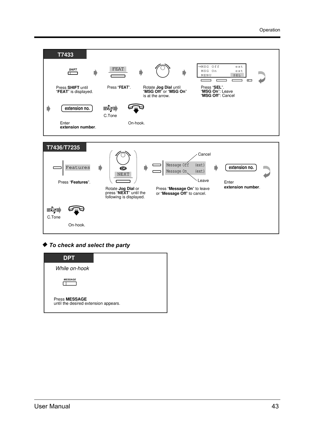 Panasonic KX-TD612NZ user manual To check and select the party, MSG Off or MSG On 