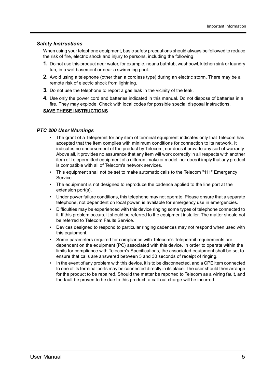 Panasonic KX-TD612NZ user manual Safety Instructions, PTC 200 User Warnings 