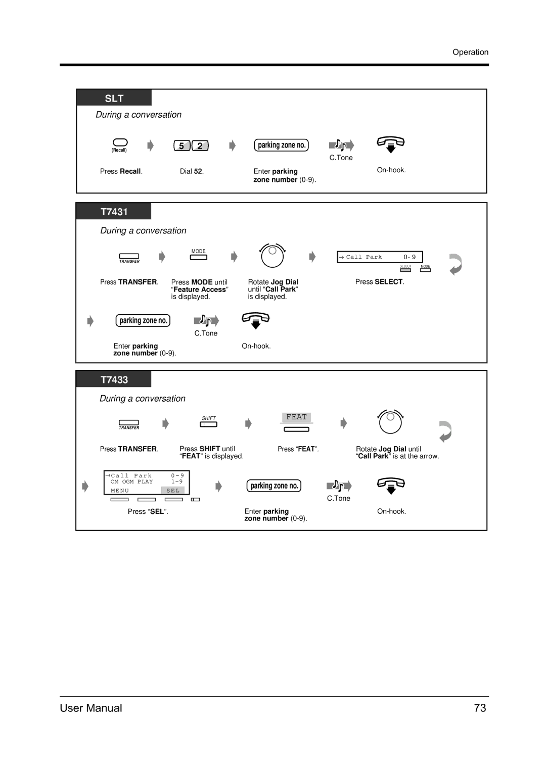 Panasonic KX-TD612NZ user manual Enter parking, Zone number, Rotate Jog Dial until Call Park is displayed, Press Transfer 