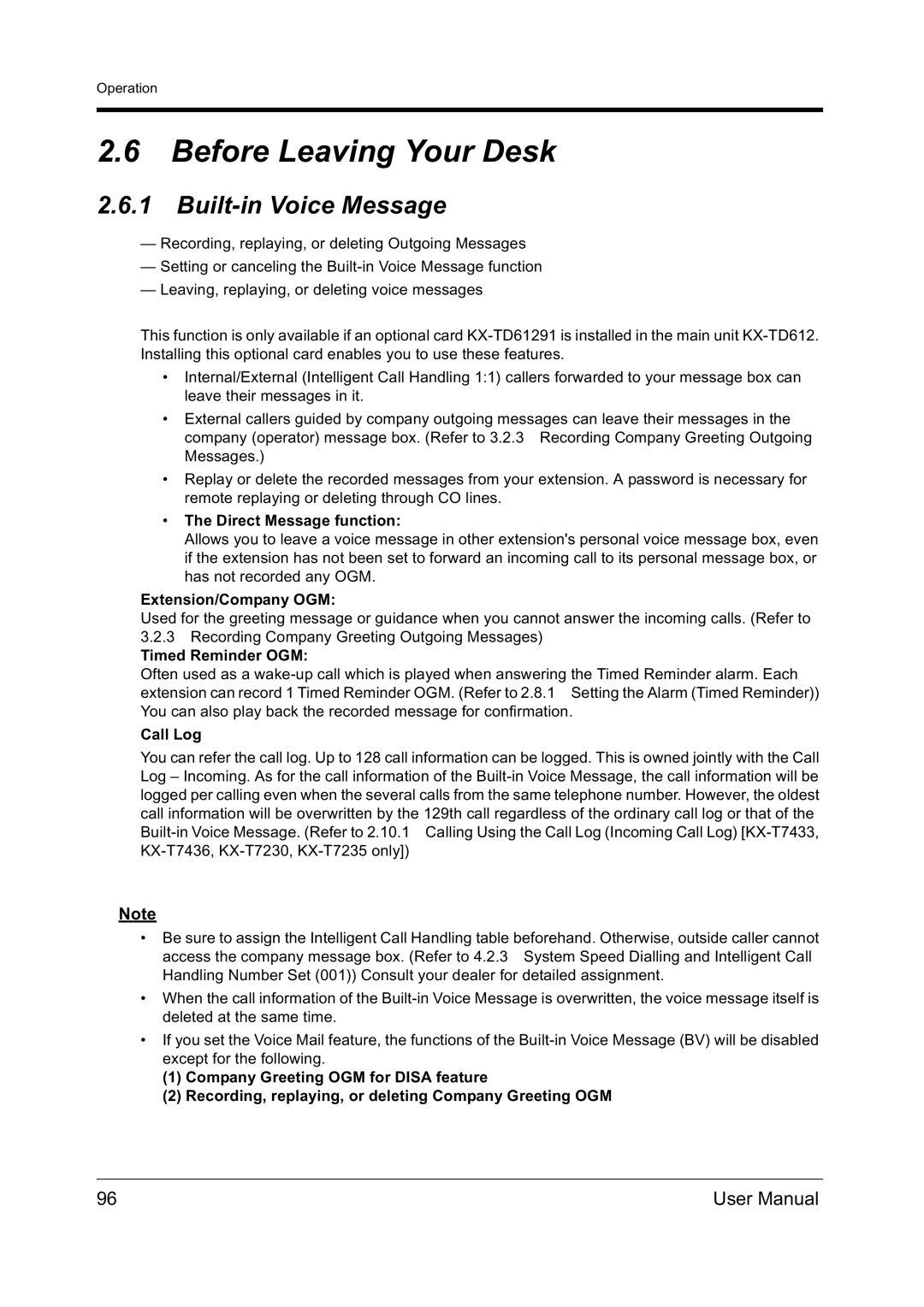 Panasonic KX-TD612NZ user manual Before Leaving Your Desk, Built-in Voice Message 