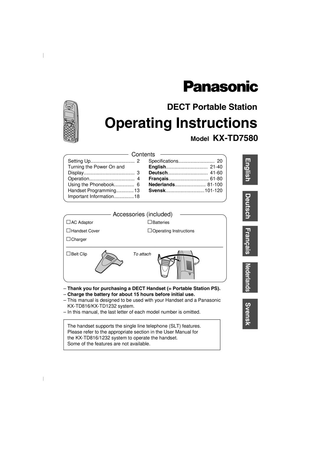 Panasonic KX-TD7580 specifications Operating Instructions 