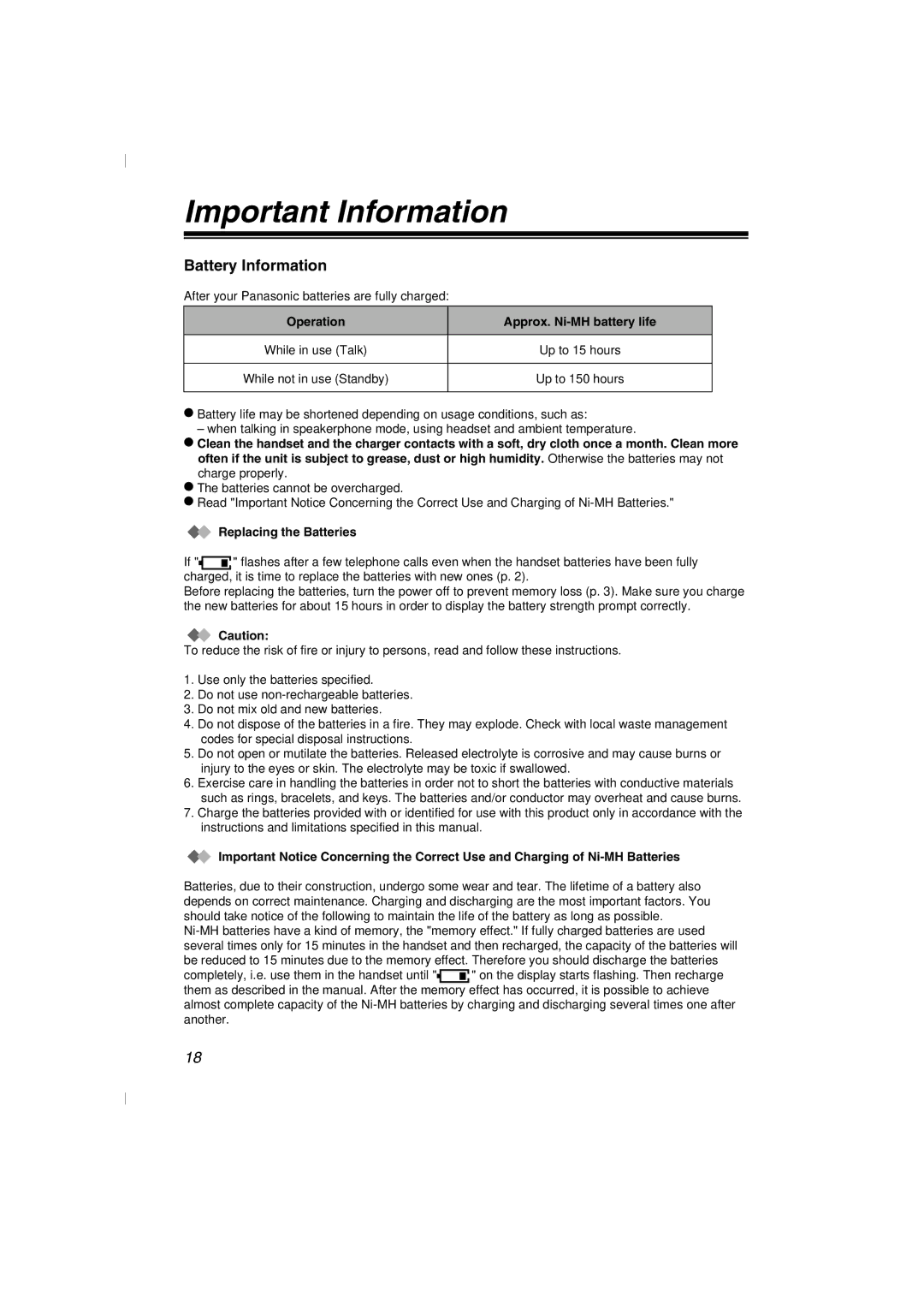 Panasonic KX-TD7580 specifications Important Information, Battery Information 