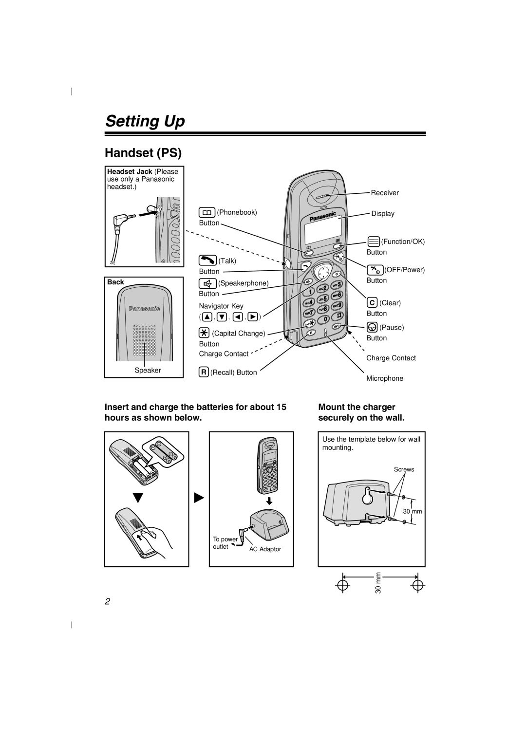 Panasonic KX-TD7580 specifications Setting Up, Handset PS, Mount the charger securely on the wall 