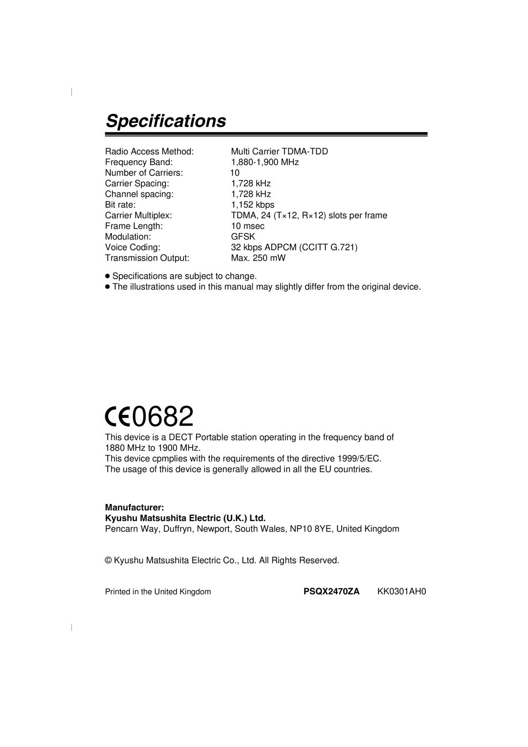 Panasonic KX-TD7580 specifications Specifications, Manufacturer 