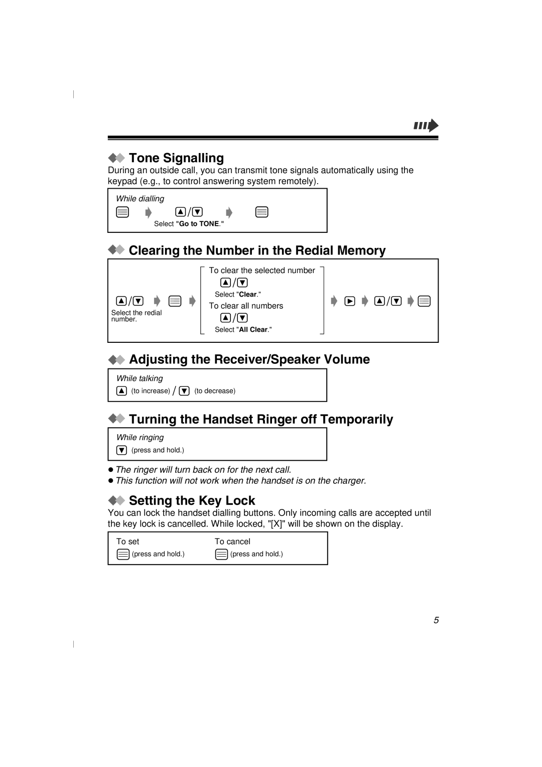 Panasonic KX-TD7580 Tone Signalling, Clearing the Number in the Redial Memory, Adjusting the Receiver/Speaker Volume 