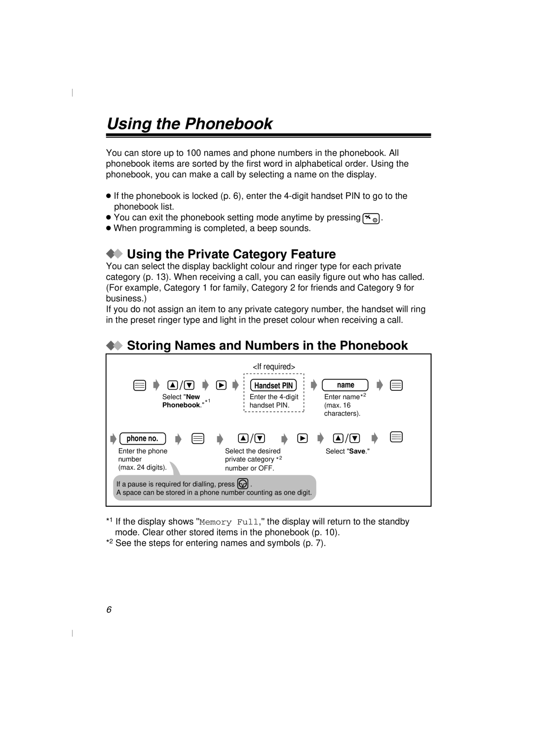 Panasonic KX-TD7580 Using the Phonebook, Using the Private Category Feature, Storing Names and Numbers in the Phonebook 