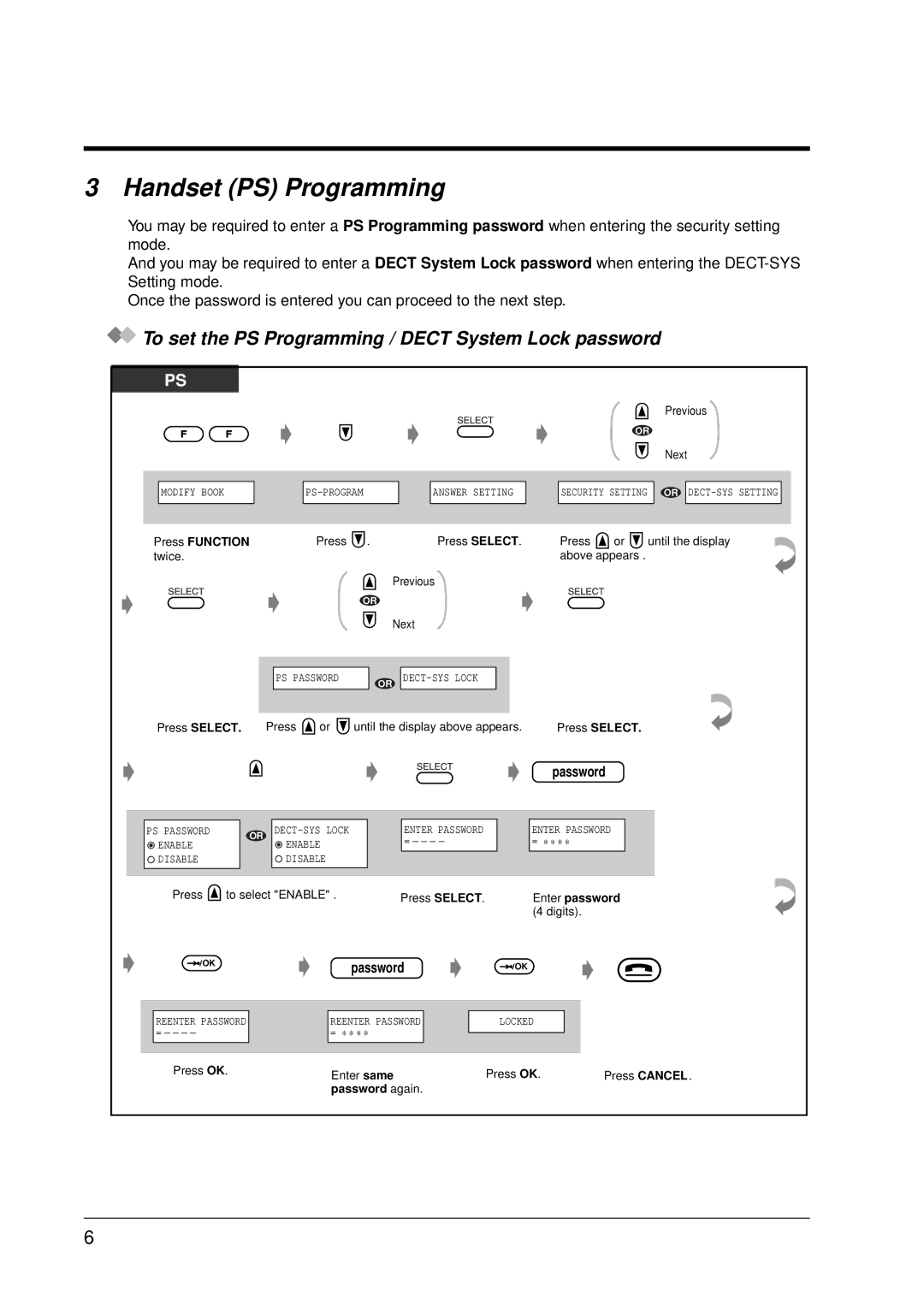 Panasonic KX-TD7590CE Handset PS Programming, To set the PS Programming / Dect System Lock password, Password, OKpassword 