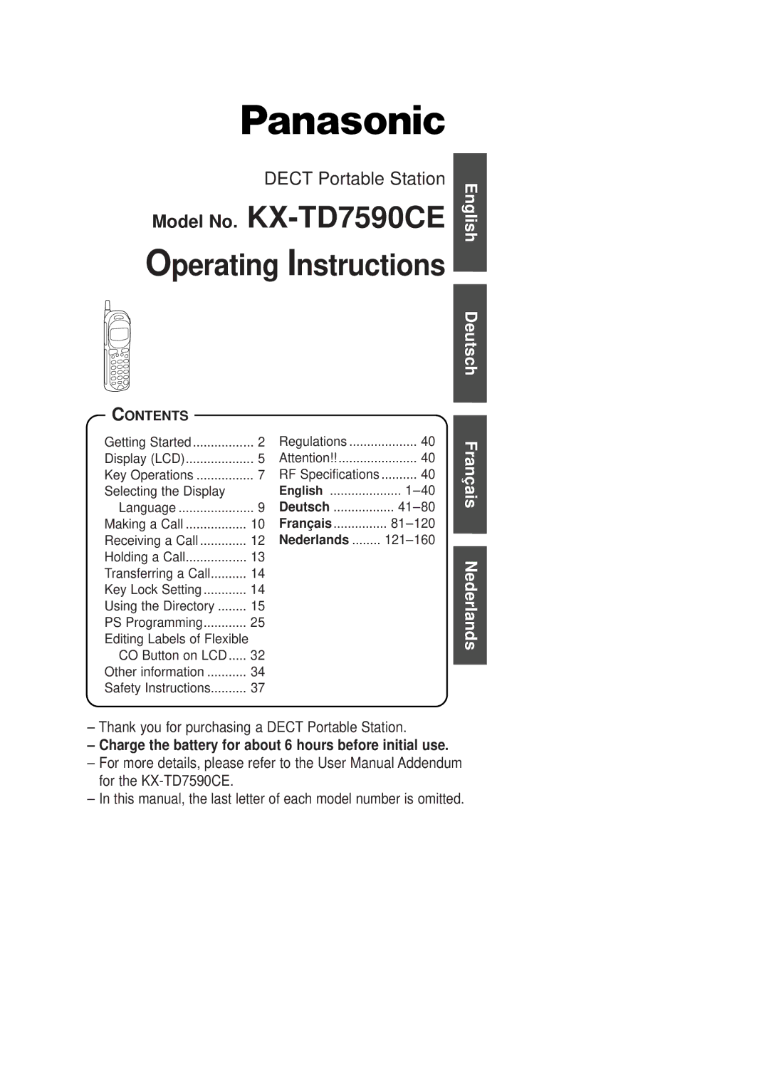 Panasonic operating instructions Model No. KX-TD7590CE 