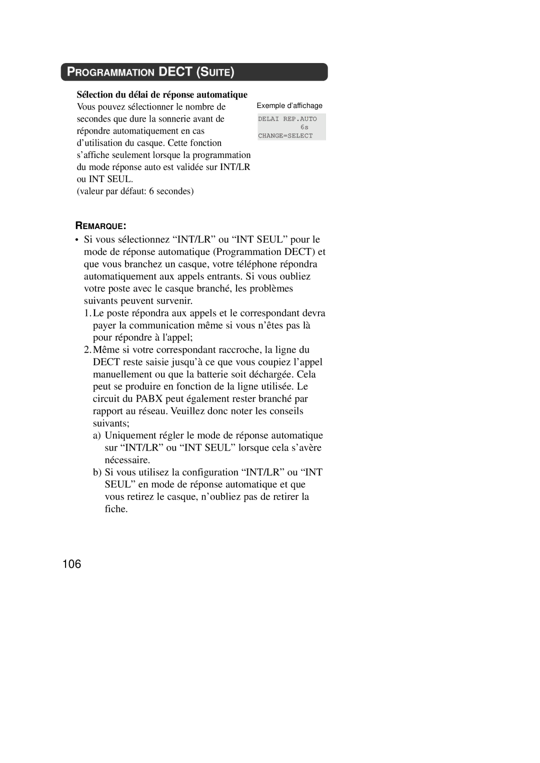 Panasonic KX-TD7590CE operating instructions 106, Sélection du délai de réponse automatique, Programmation Dect Suite 