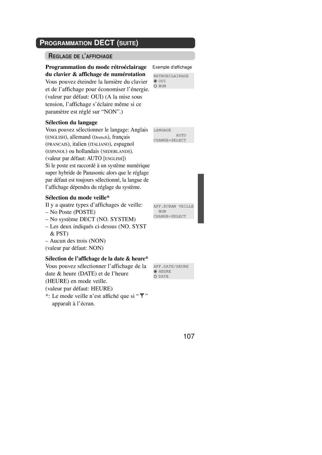 Panasonic KX-TD7590CE operating instructions 107, Sélection du langage, Sélection du mode veille 