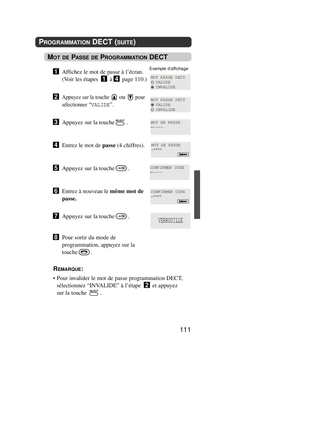 Panasonic KX-TD7590CE operating instructions 111, Pour sortir du mode de Programmation, appuyez sur la Touche 