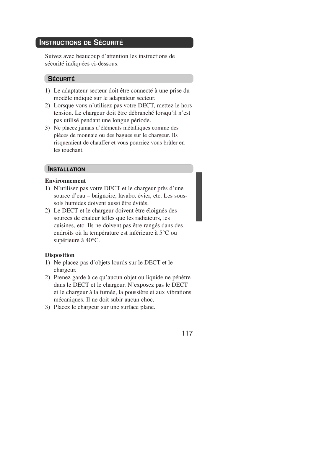 Panasonic KX-TD7590CE operating instructions 117, Environnement, Disposition, Instructions DE Sécurité 