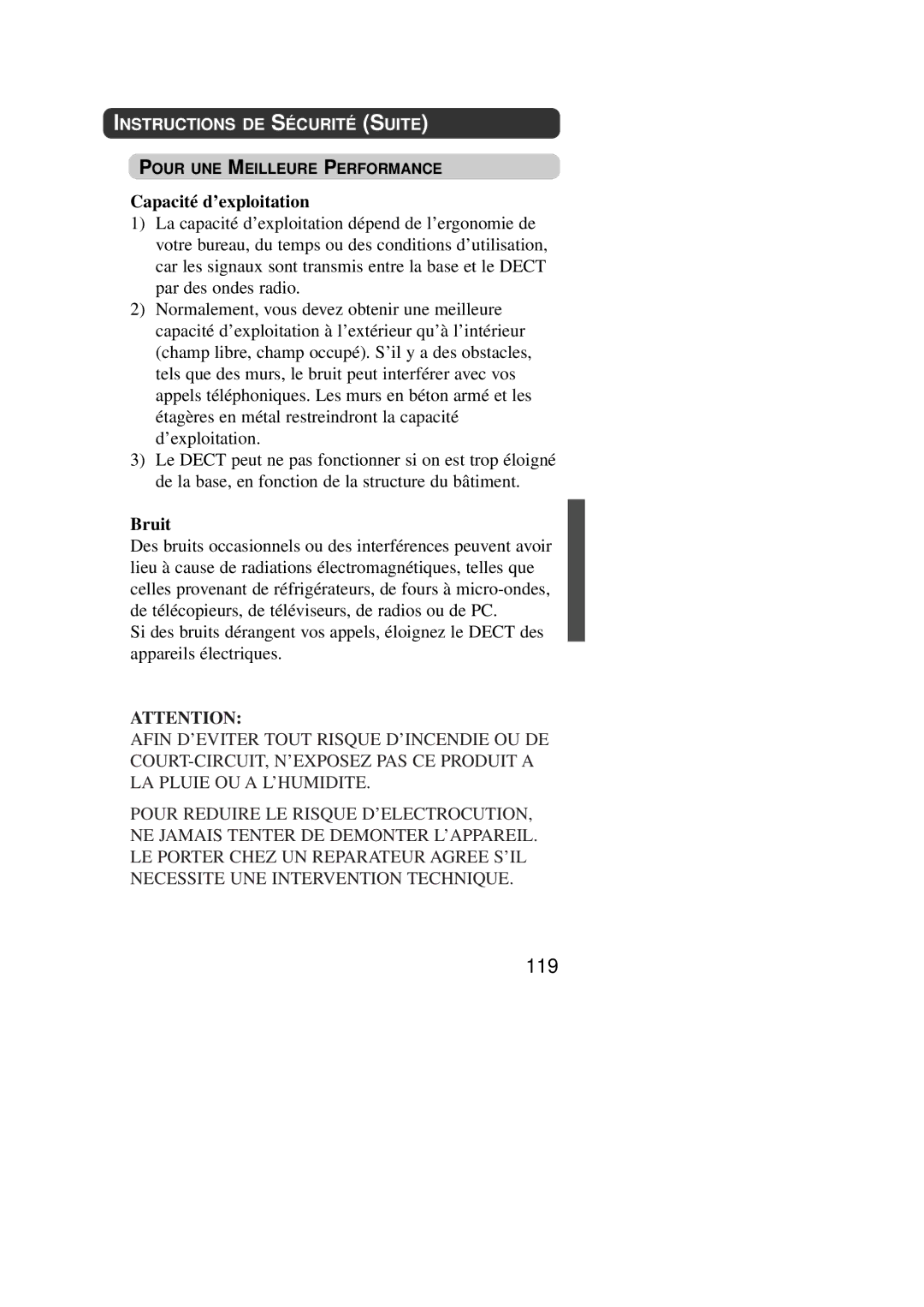 Panasonic KX-TD7590CE operating instructions 119, Capacité d’exploitation, Bruit 