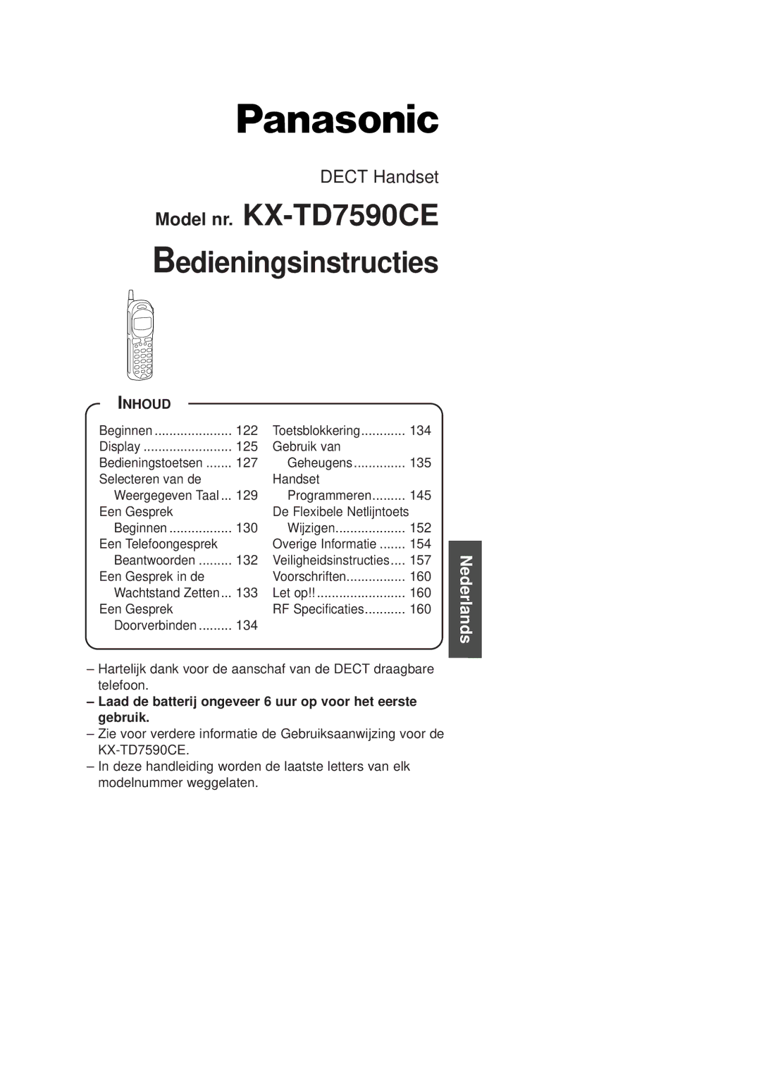 Panasonic operating instructions Model nr. KX-TD7590CE Bedieningsinstructies 