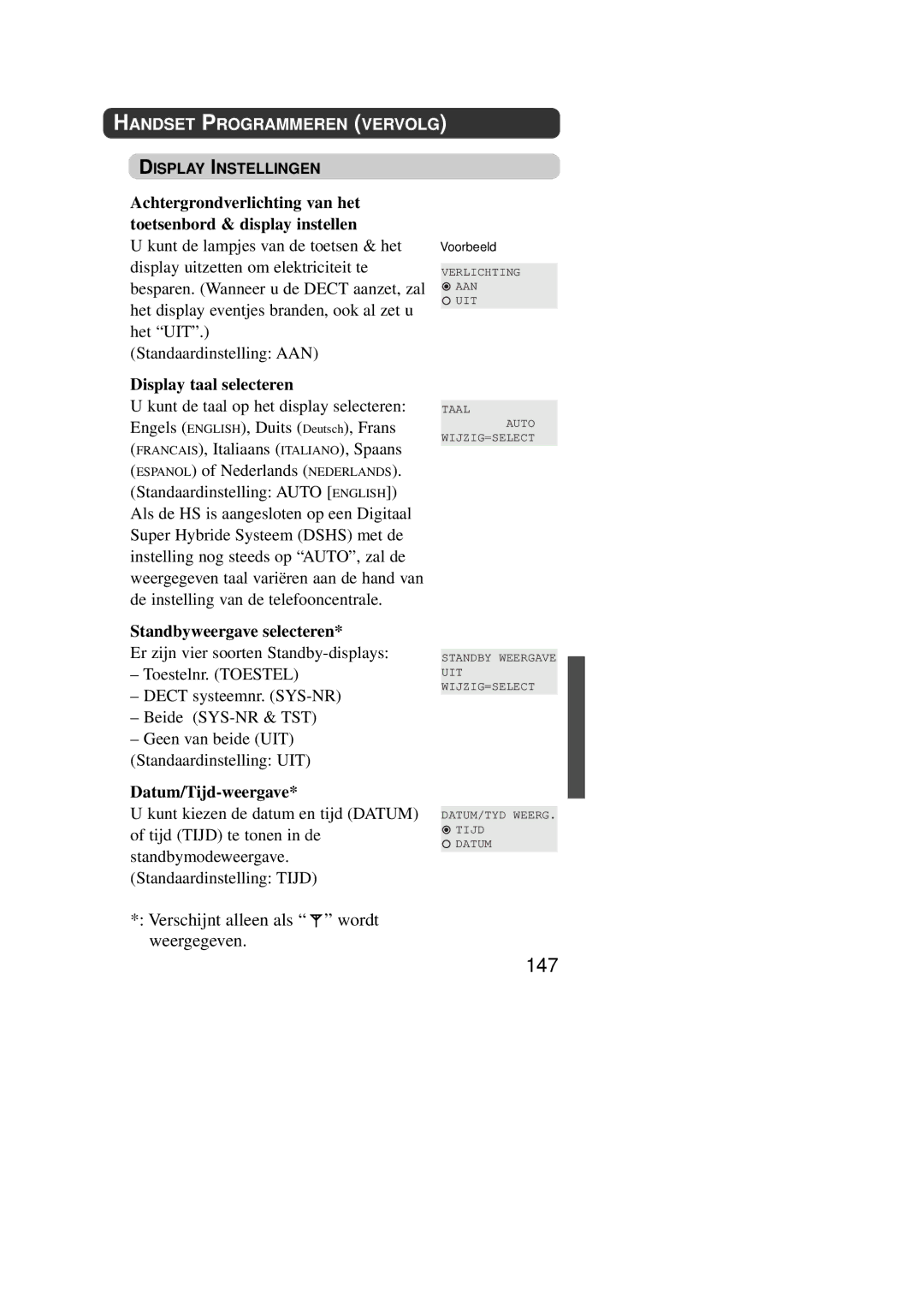 Panasonic KX-TD7590CE operating instructions 147, Display taal selecteren, Standbyweergave selecteren, Datum/Tijd-weergave 