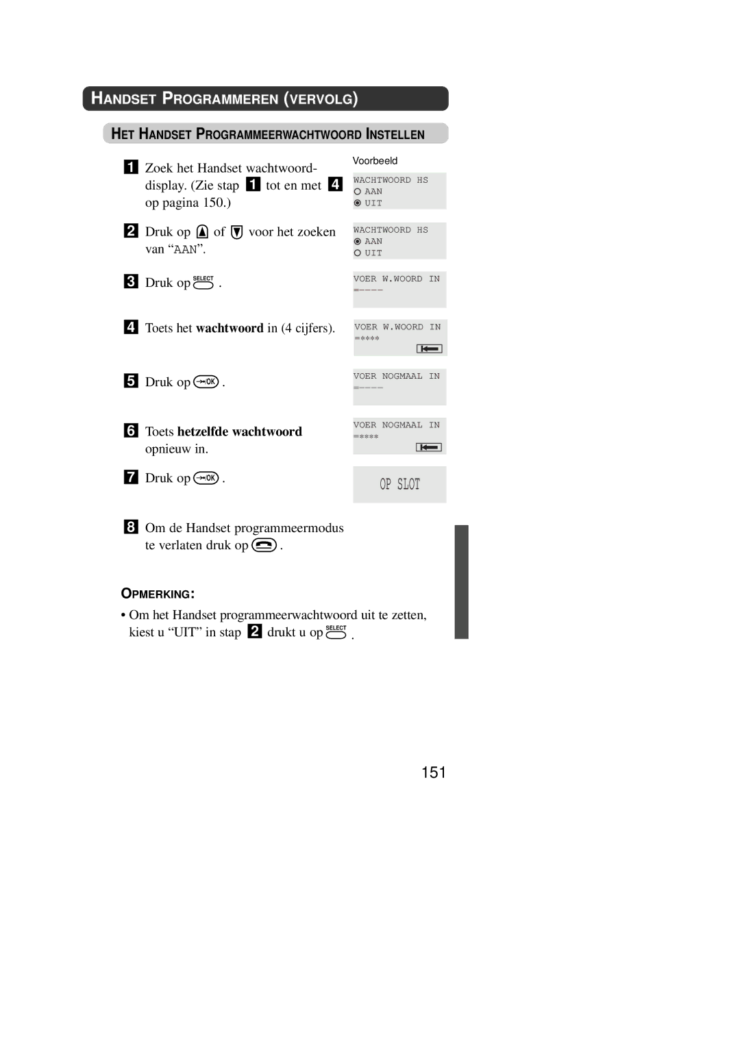 Panasonic KX-TD7590CE operating instructions 151, Toets hetzelfde wachtwoord opnieuw 