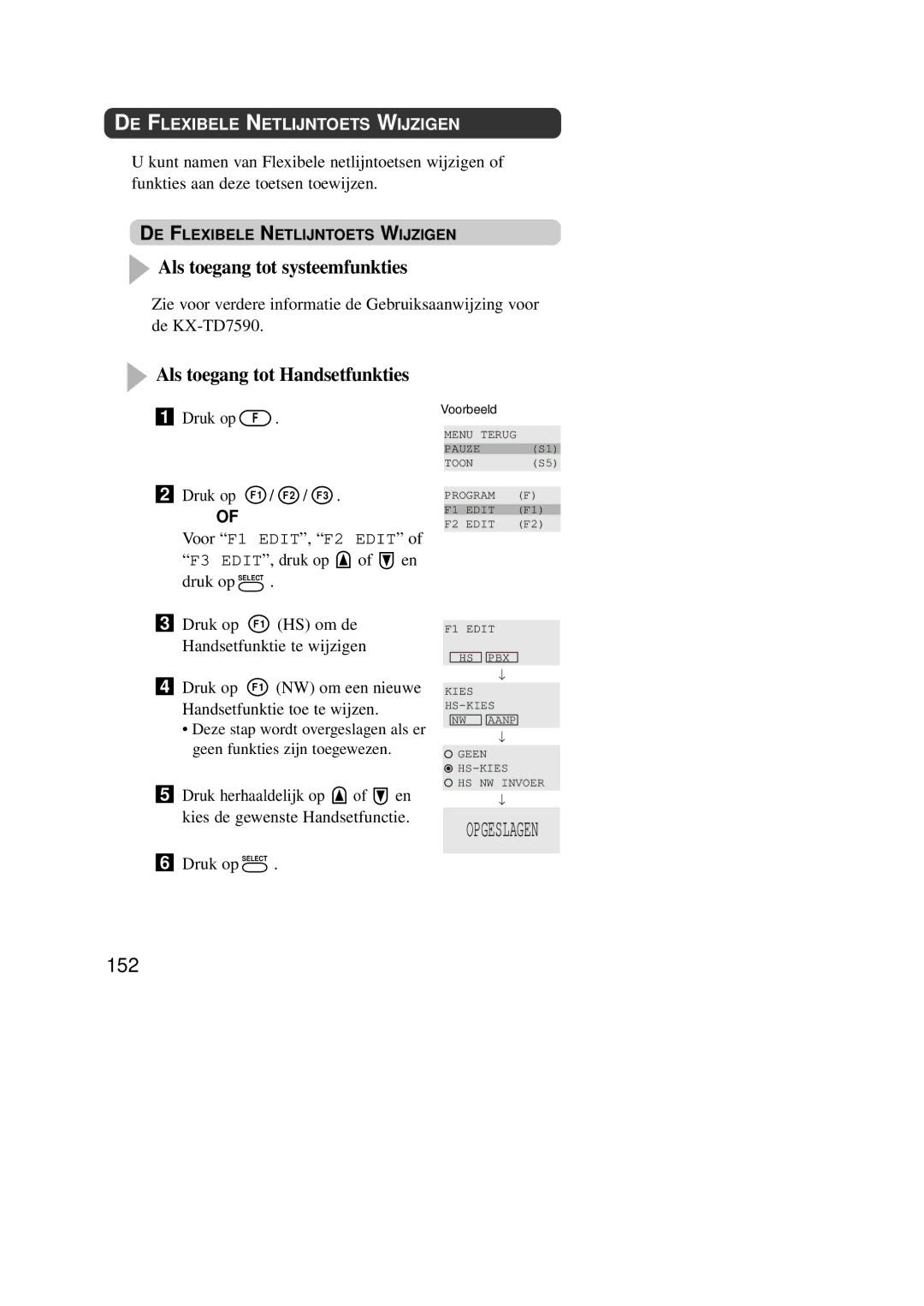 Panasonic KX-TD7590CE operating instructions Als toegang tot systeemfunkties, Als toegang tot Handsetfunkties, 152 