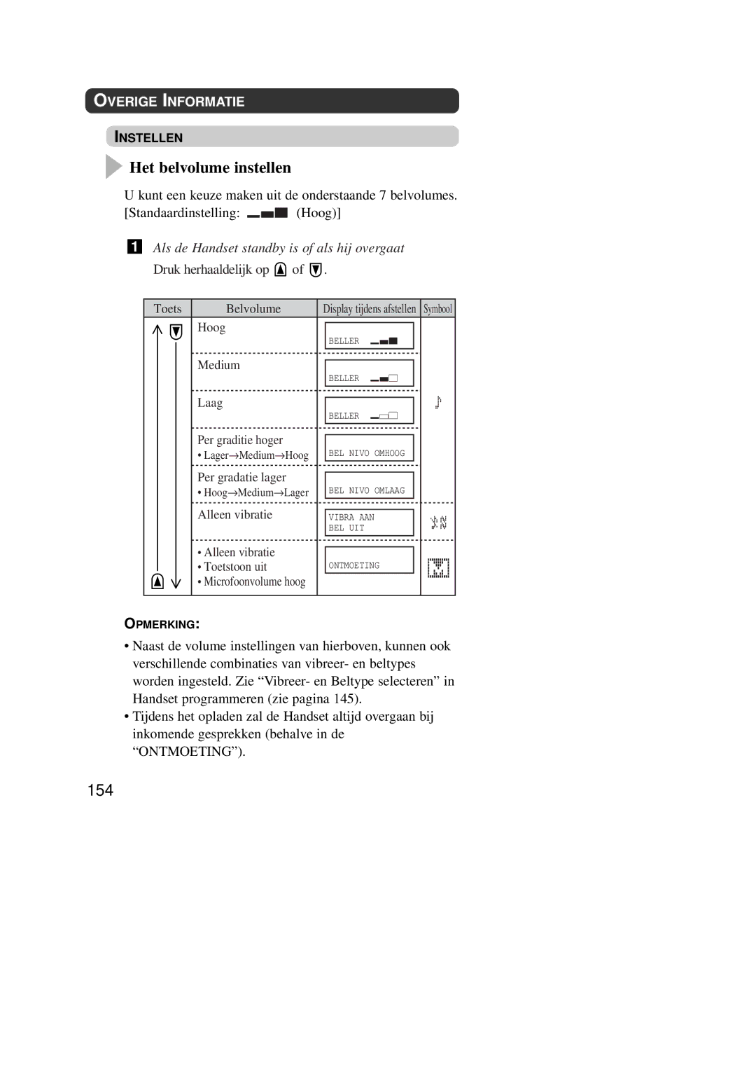 Panasonic KX-TD7590CE operating instructions Het belvolume instellen, 154, Overige Informatie 