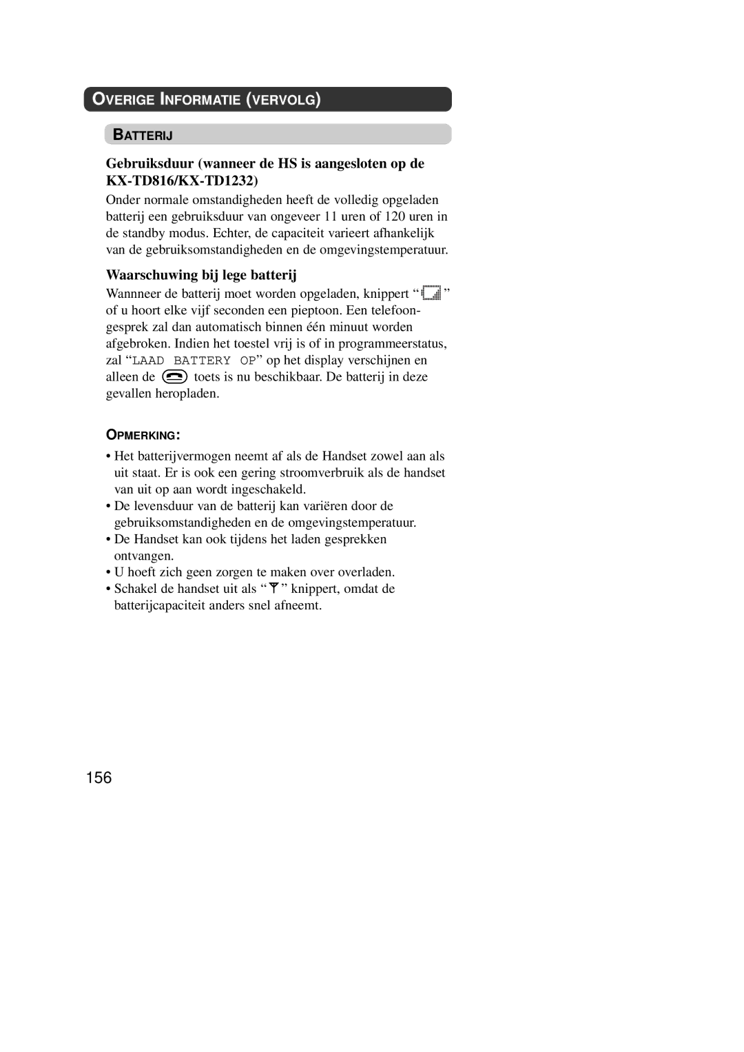 Panasonic KX-TD7590CE operating instructions 156, Waarschuwing bij lege batterij 