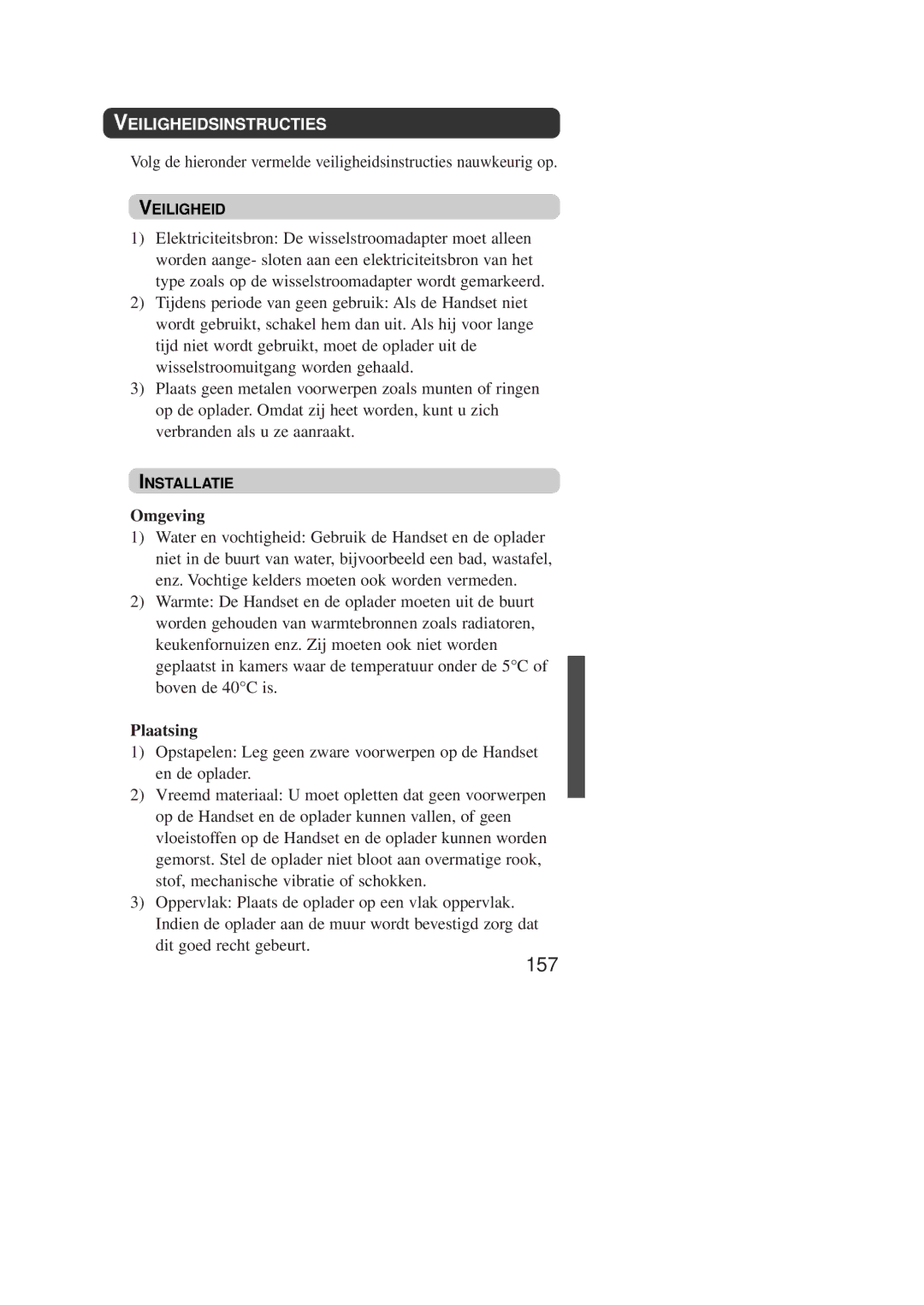 Panasonic KX-TD7590CE operating instructions 157, Omgeving, Plaatsing, Veiligheidsinstructies 