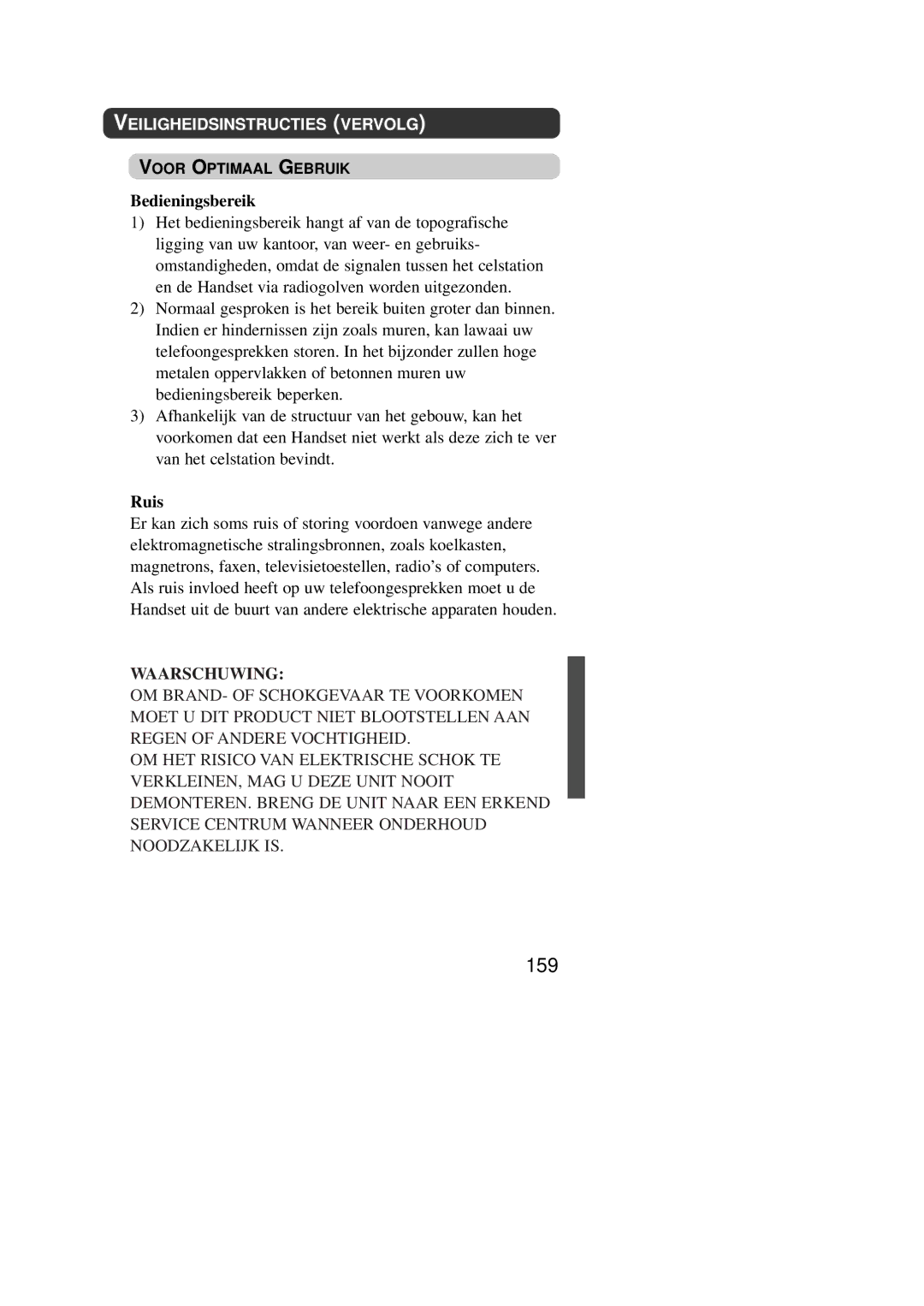 Panasonic KX-TD7590CE operating instructions 159, Bedieningsbereik, Ruis 