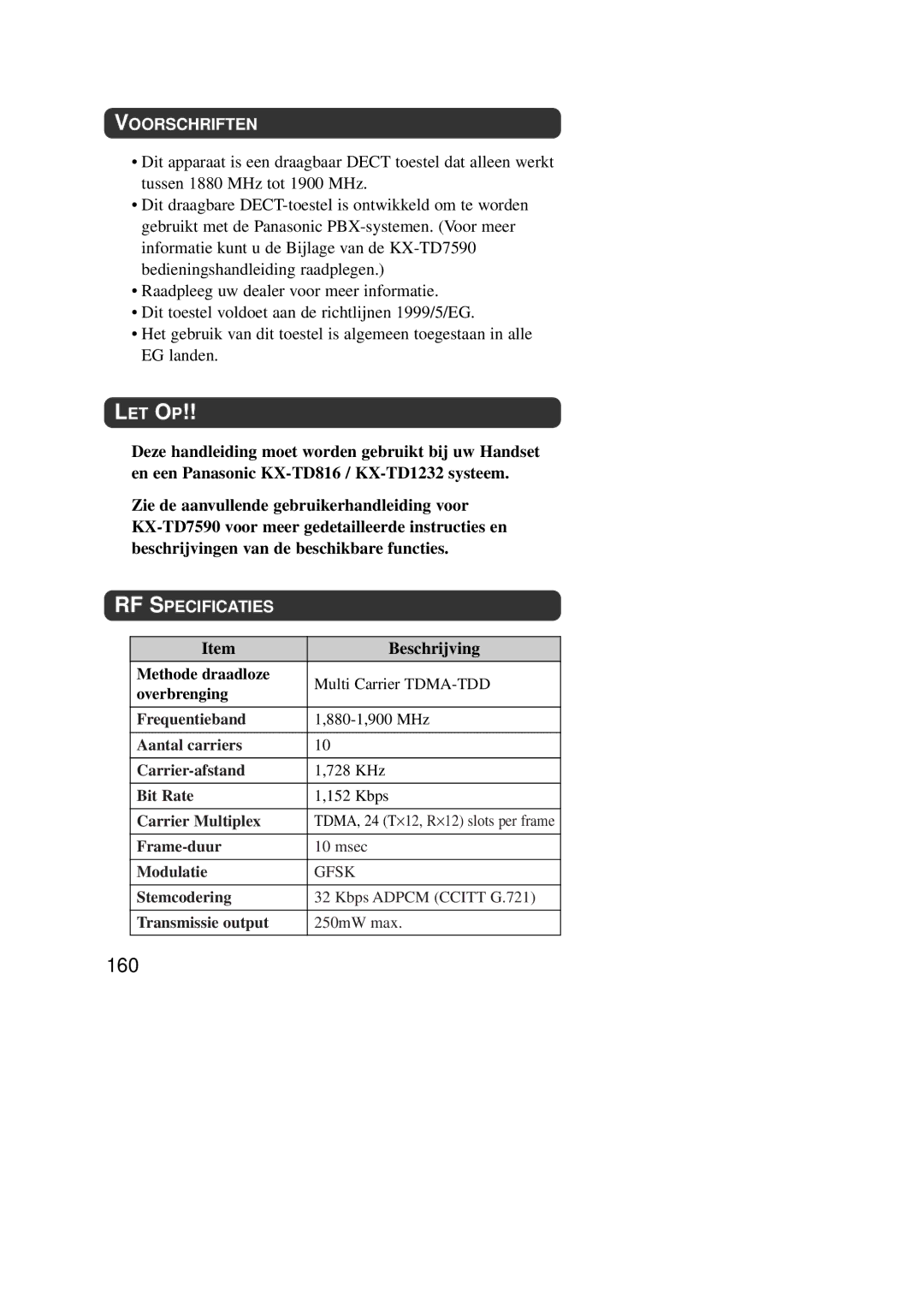 Panasonic KX-TD7590CE operating instructions 160, Beschrijving, Voorschriften, RF Specificaties 