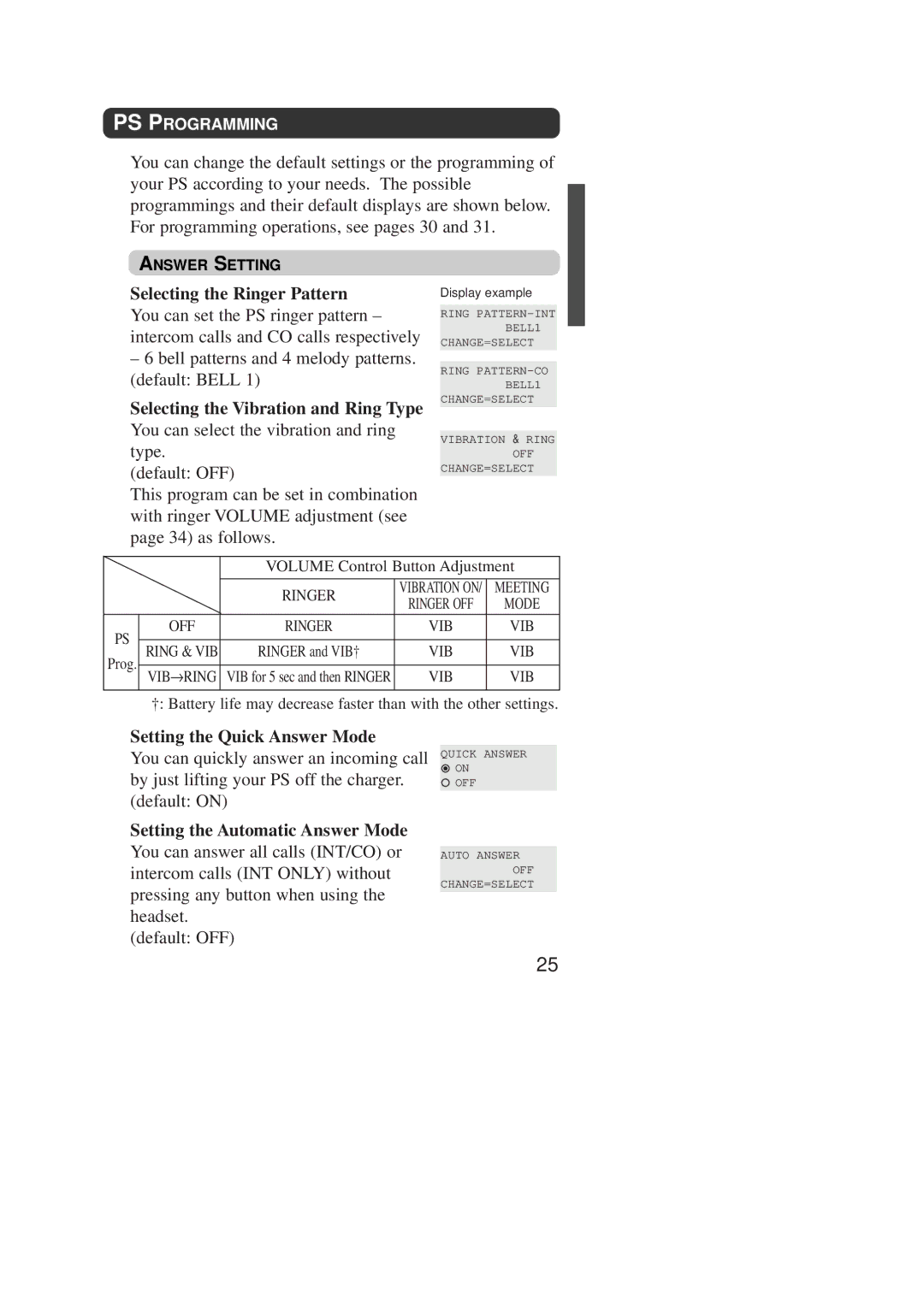 Panasonic KX-TD7590CE Selecting the Ringer Pattern, Selecting the Vibration and Ring Type, Setting the Quick Answer Mode 