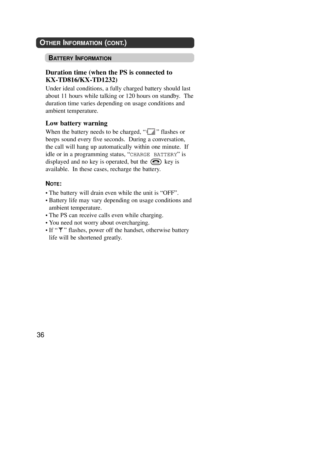 Panasonic KX-TD7590CE Duration time when the PS is connected to KX-TD816/KX-TD1232, Low battery warning 