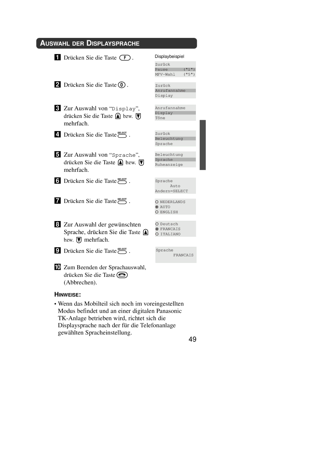 Panasonic KX-TD7590CE operating instructions Auswahl DER Displaysprache 