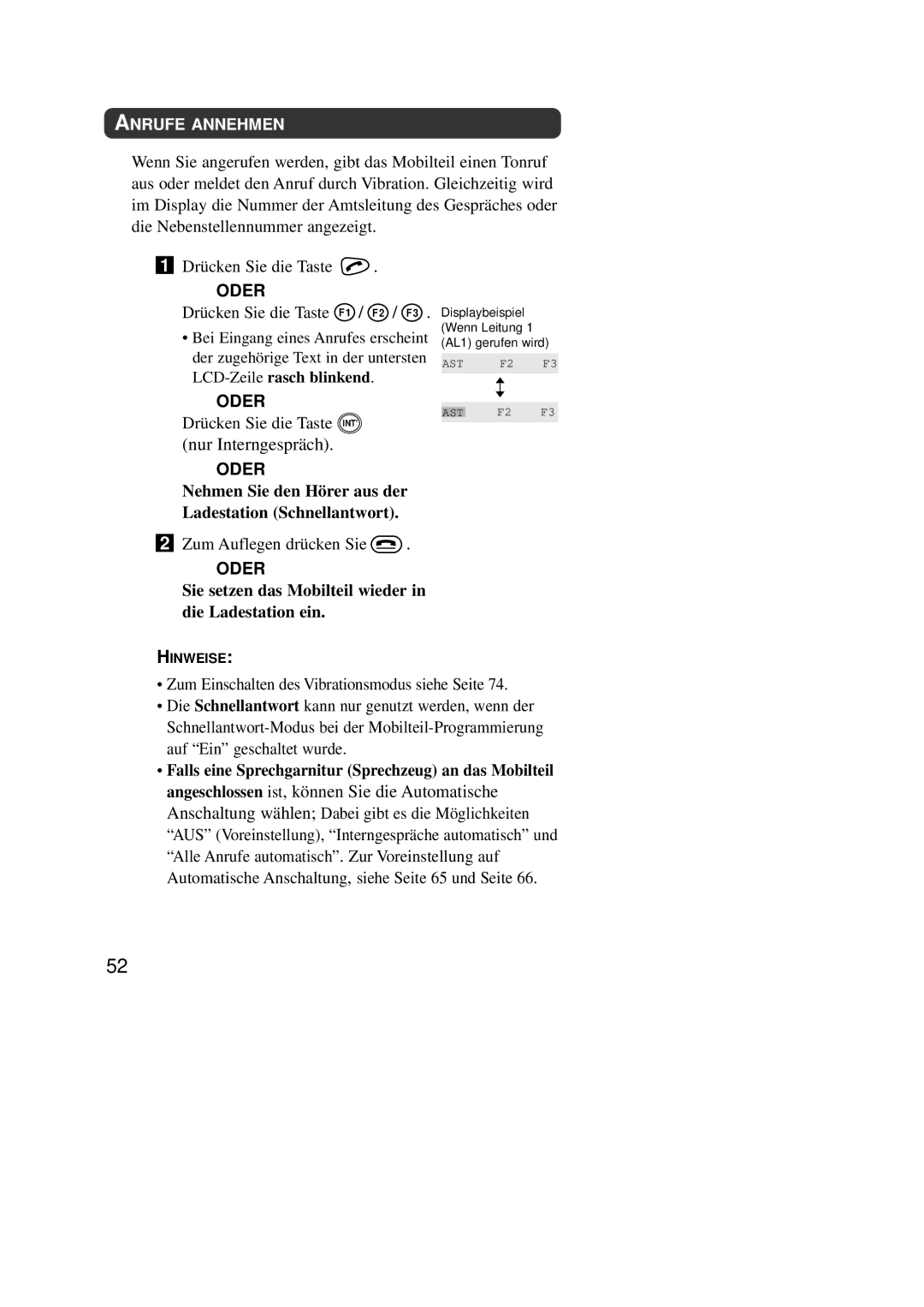 Panasonic KX-TD7590CE operating instructions Nehmen Sie den Hörer aus der Ladestation Schnellantwort 