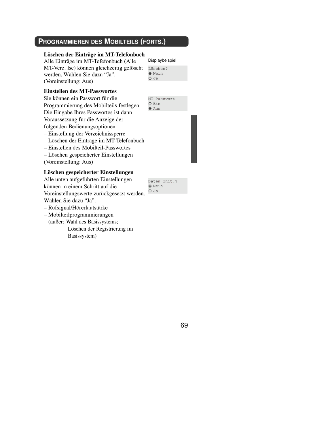 Panasonic KX-TD7590CE operating instructions Löschen der Einträge im MT-Telefonbuch, Einstellen des MT-Passwortes 