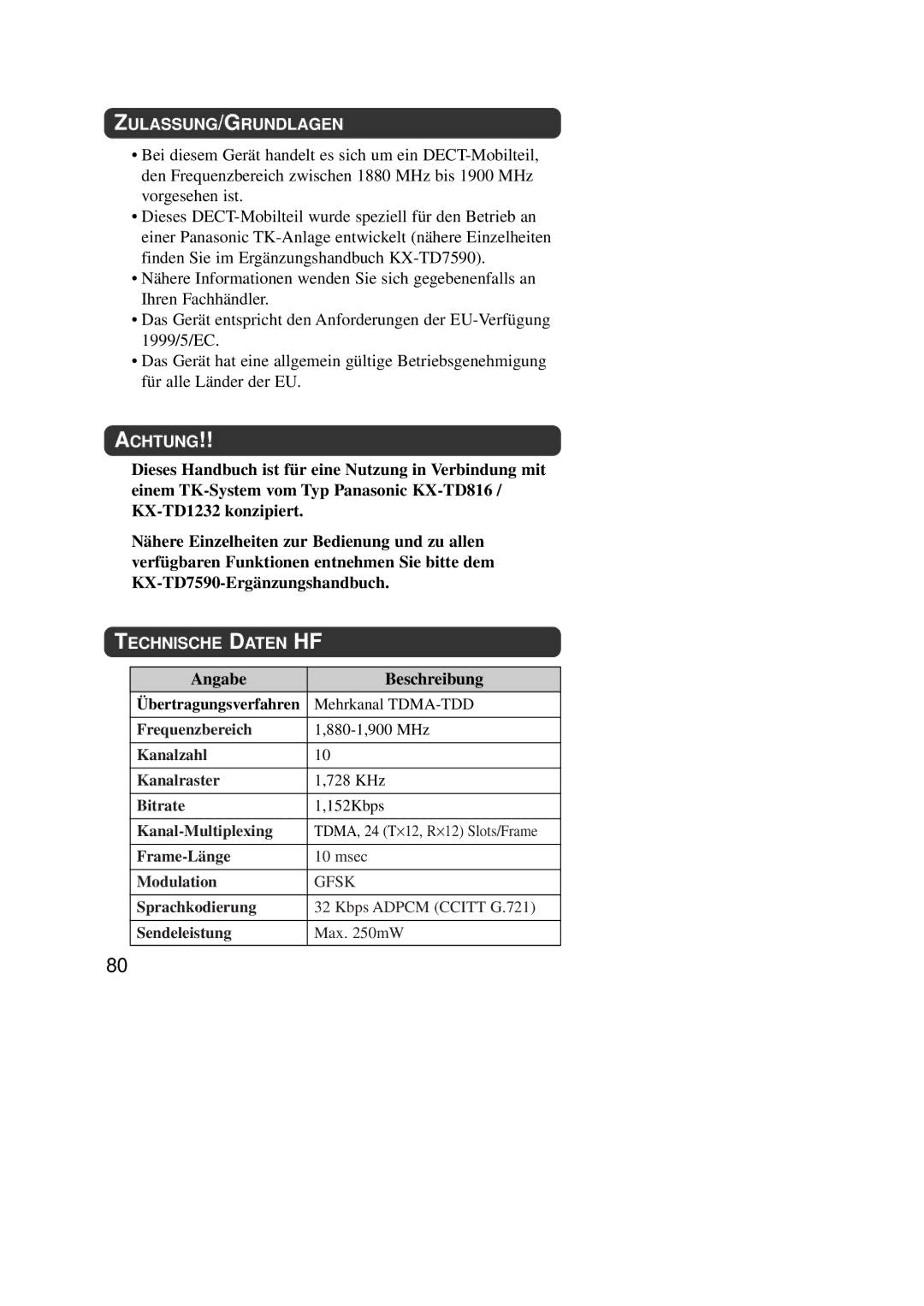 Panasonic KX-TD7590CE operating instructions Angabe Beschreibung, Zulassung/Grundlagen, Achtung, Technische Daten HF 