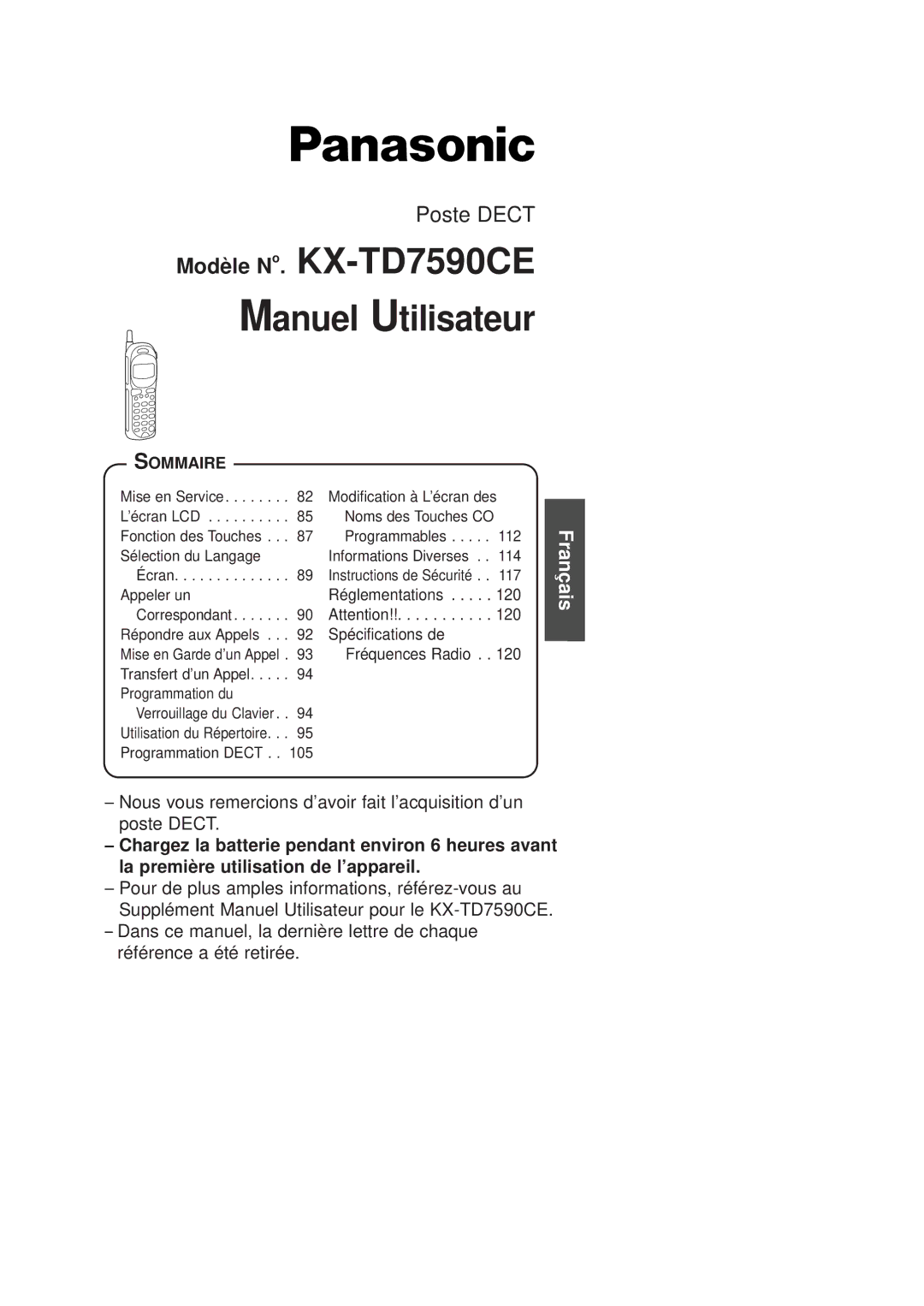 Panasonic KX-TD7590CE operating instructions Manuel Utilisateur 