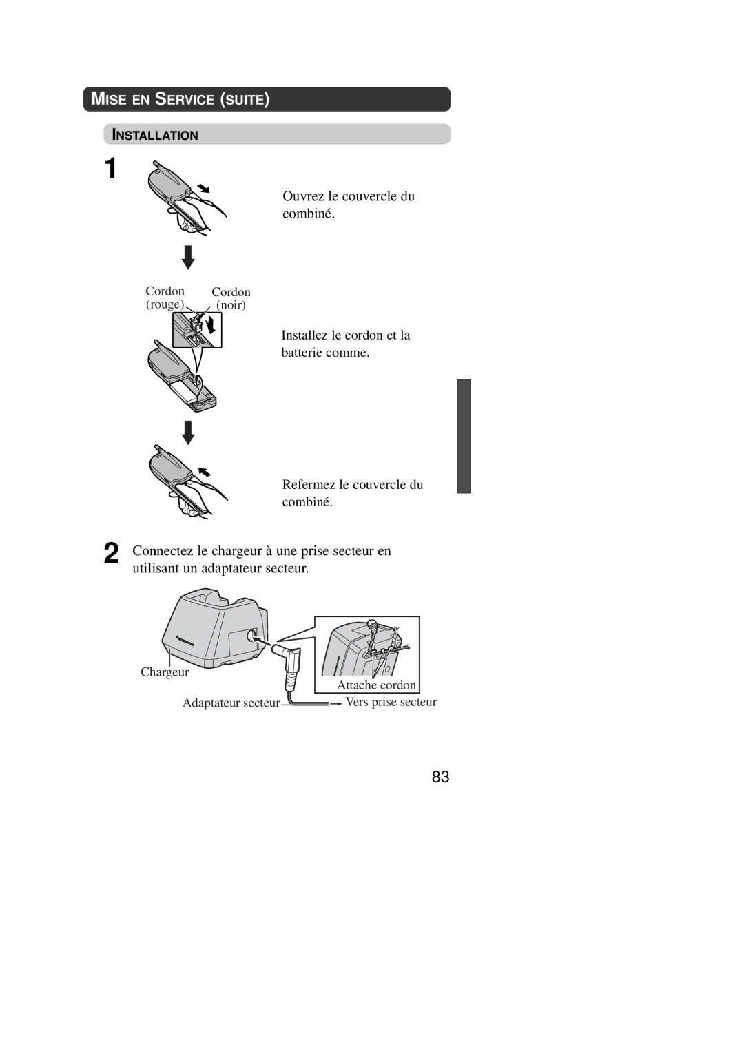 Panasonic KX-TD7590CE operating instructions Ouvrez le couvercle du combiné, Mise EN Service Suite 