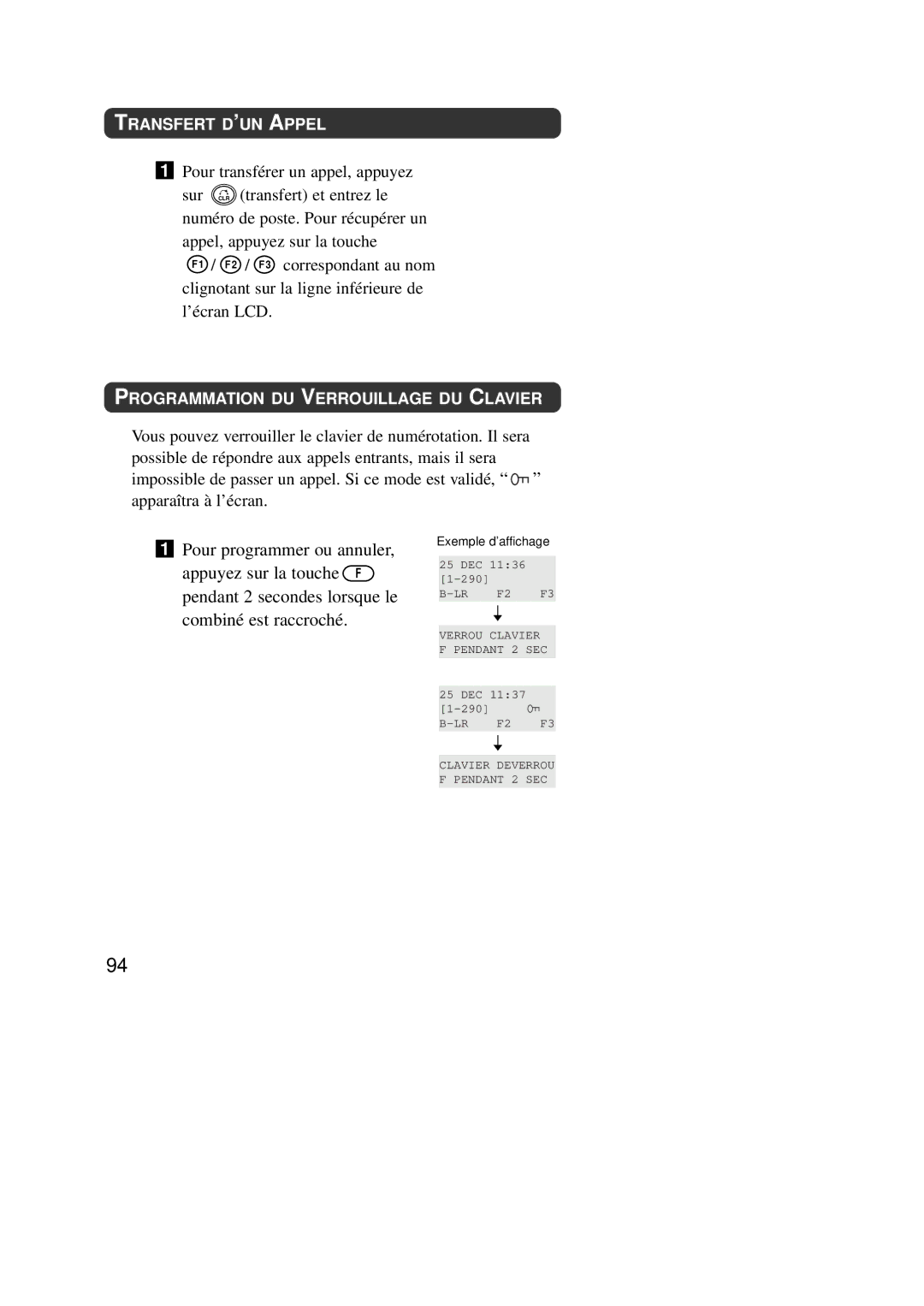 Panasonic KX-TD7590CE operating instructions Transfert D’UN Appel, Programmation DU Verrouillage DU Clavier 