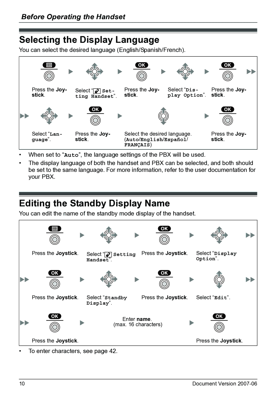 Panasonic KX-TD7684 operating instructions Selecting the Display Language, Editing the Standby Display Name, Stick 