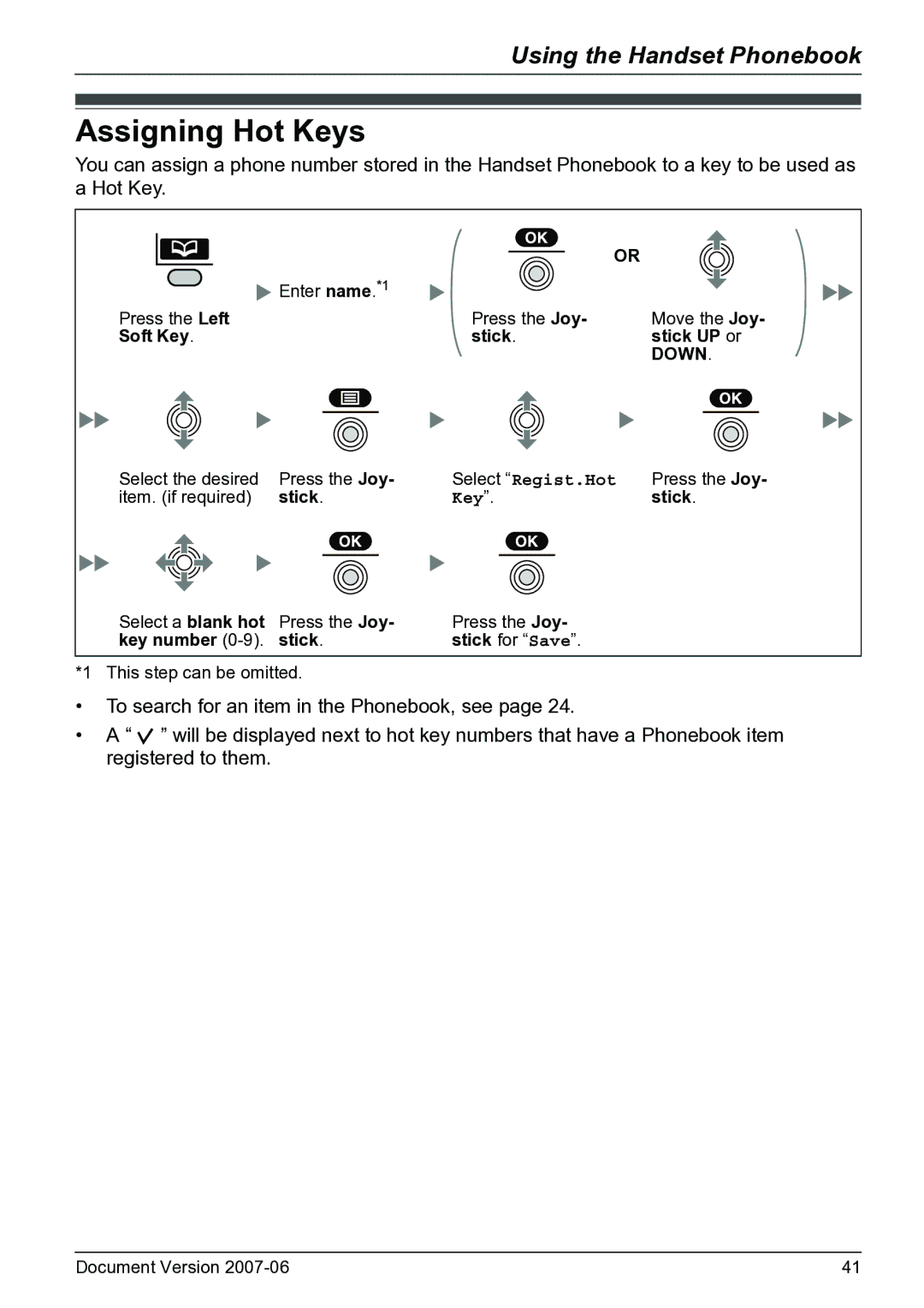 Panasonic KX-TD7684 Assigning Hot Keys, Enter name. *1 Press the Left Press the Joy, Soft Key Stick Stick UP or 