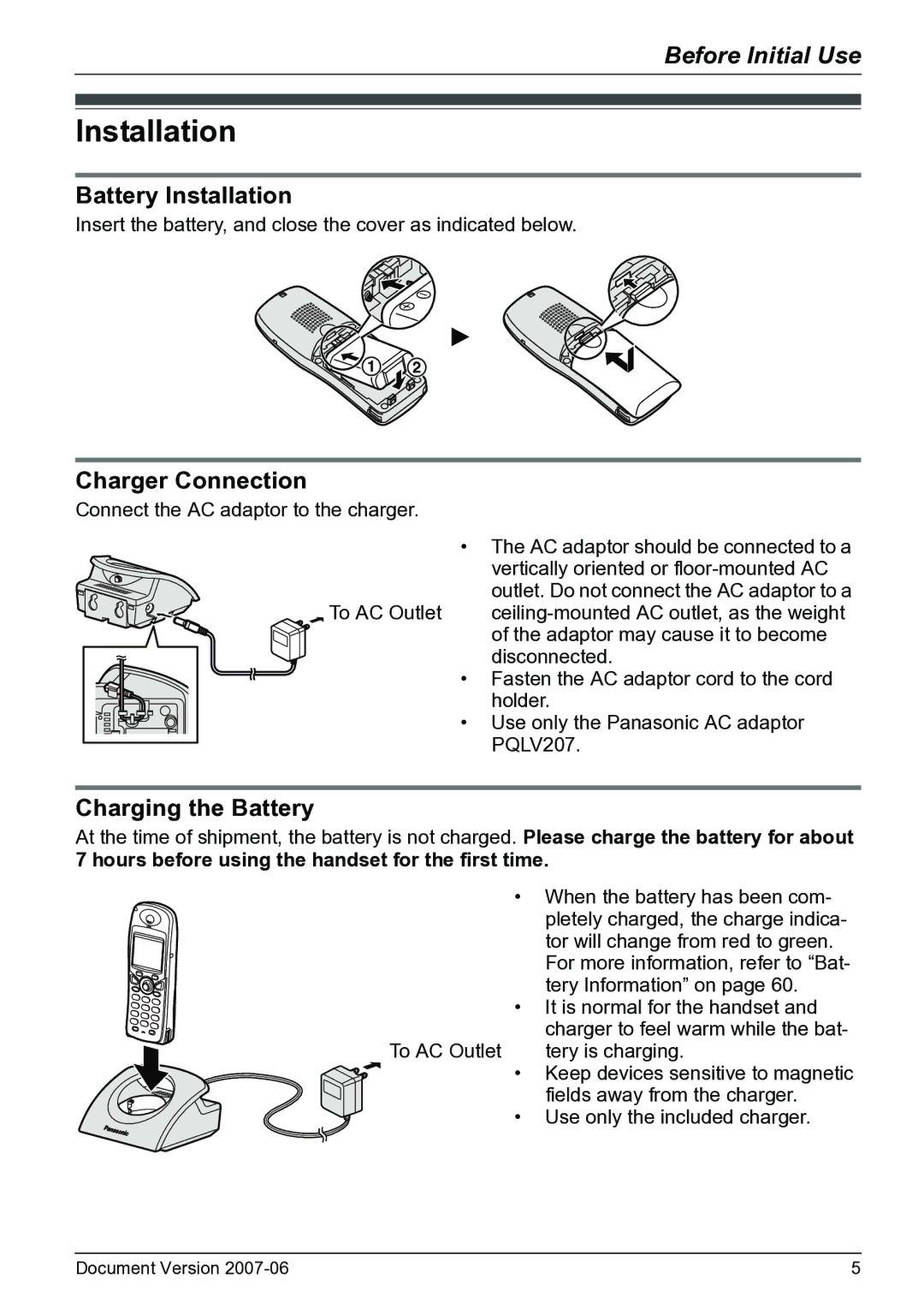 Panasonic KX-TD7684 operating instructions Battery Installation, Charger Connection, Charging the Battery 