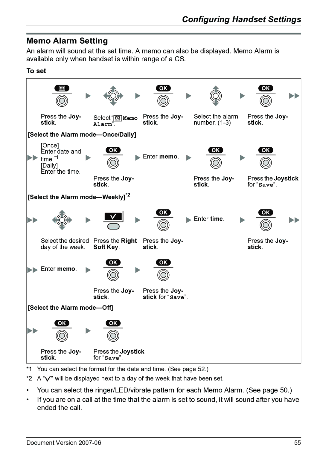 Panasonic KX-TD7684 Memo Alarm Setting, To set, Select the Alarm mode-Weekly *2, Select the Alarm mode-Off 