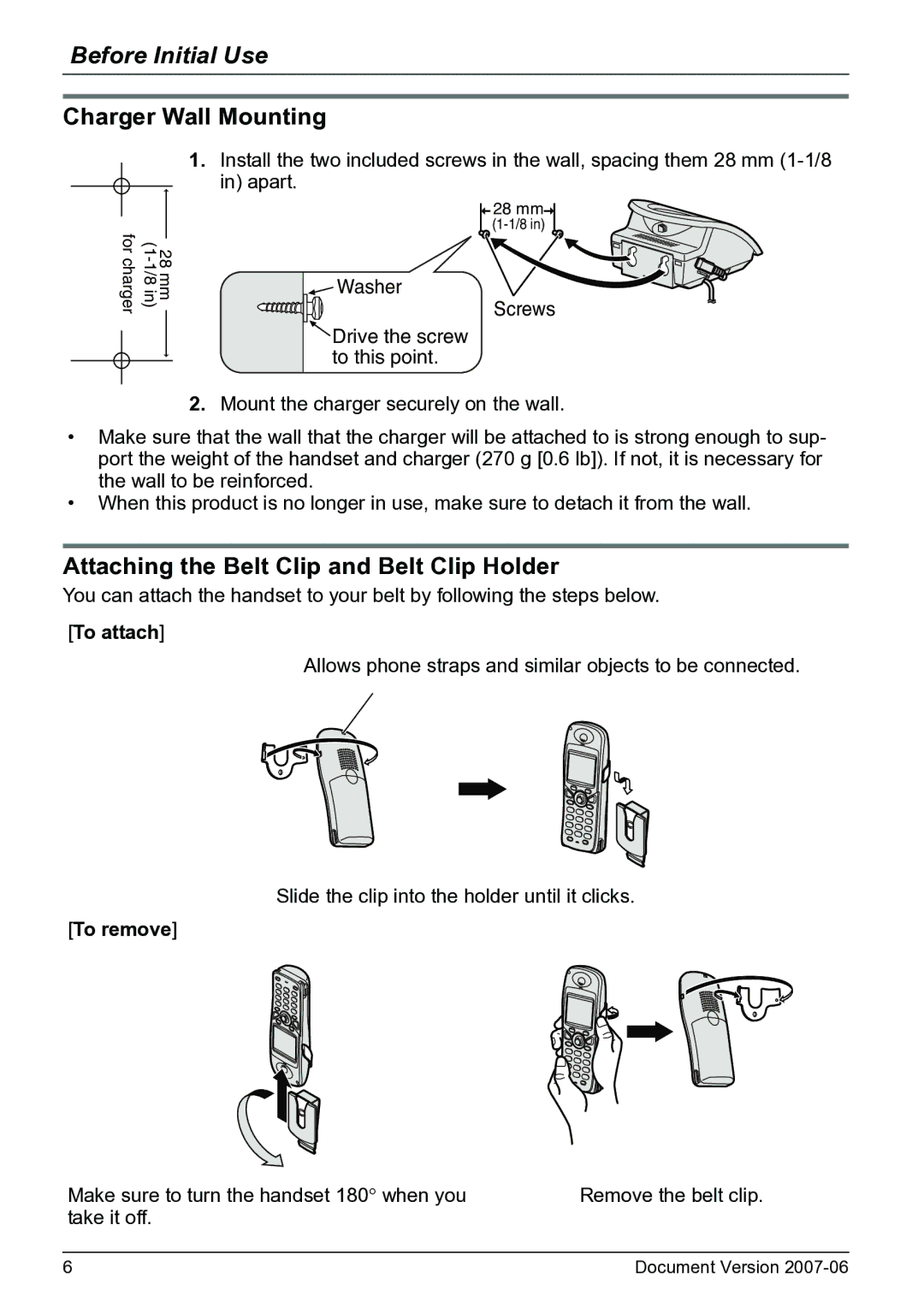 Panasonic KX-TD7684 Charger Wall Mounting, Attaching the Belt Clip and Belt Clip Holder, To attach, To remove 