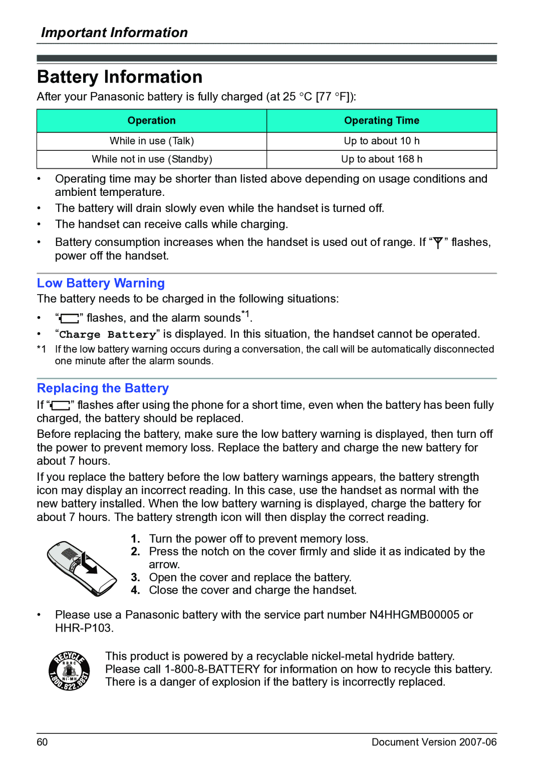 Panasonic KX-TD7684 operating instructions Battery Information, Operation Operating Time 