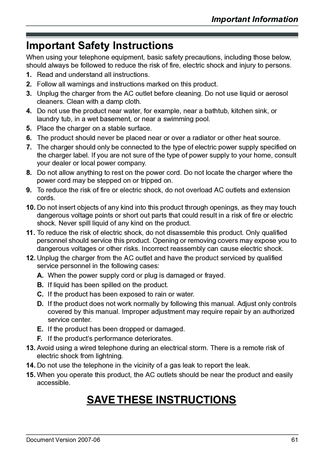 Panasonic KX-TD7684 operating instructions Important Safety Instructions 