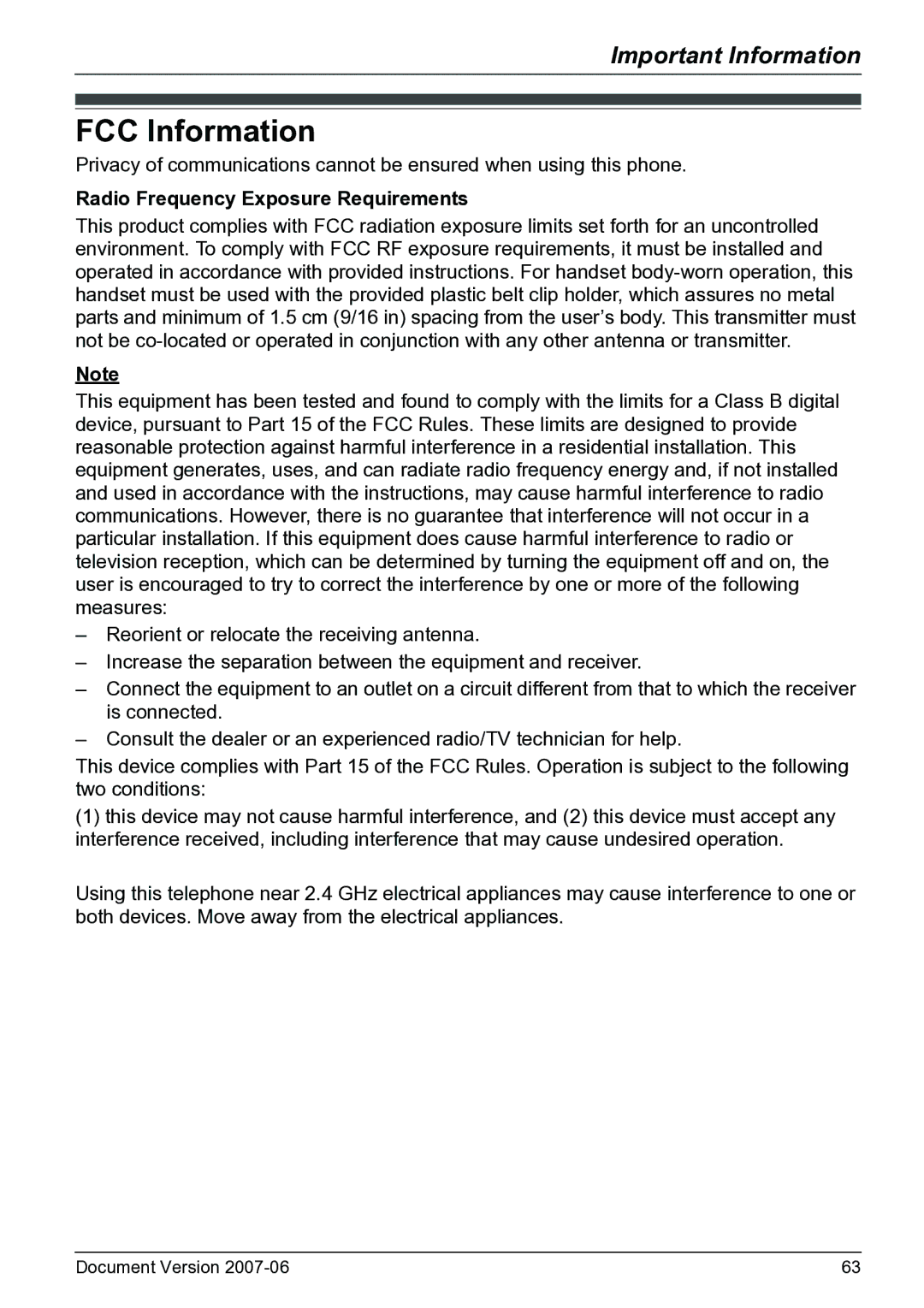 Panasonic KX-TD7684 operating instructions FCC Information, Radio Frequency Exposure Requirements 