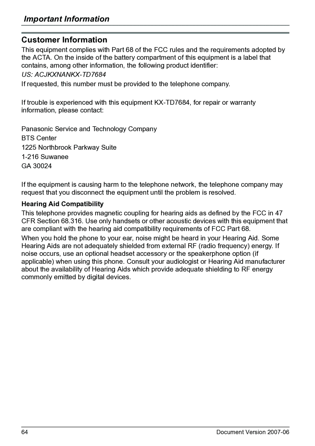 Panasonic KX-TD7684 operating instructions Customer Information, Hearing Aid Compatibility 