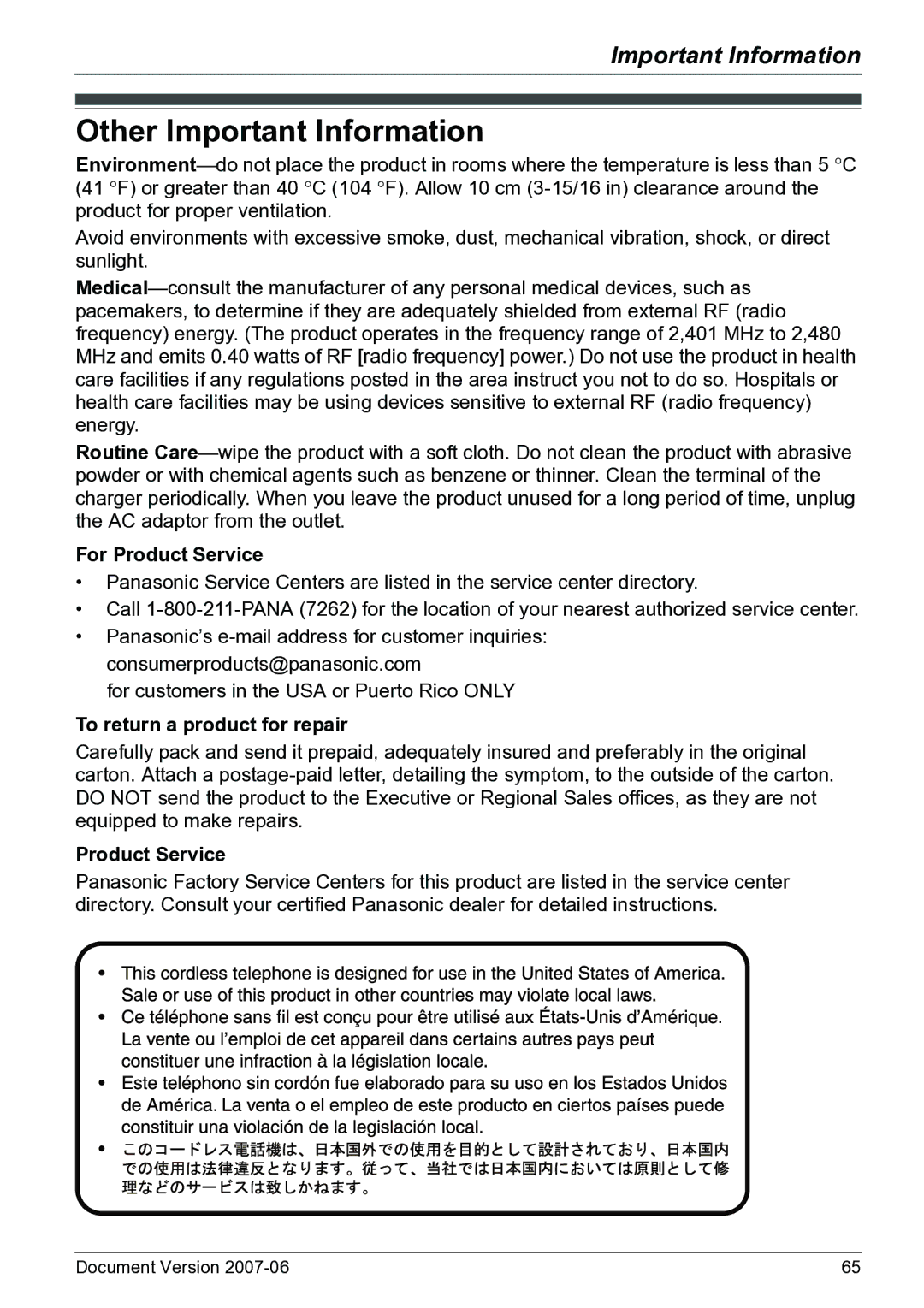 Panasonic KX-TD7684 operating instructions Other Important Information, For Product Service, To return a product for repair 