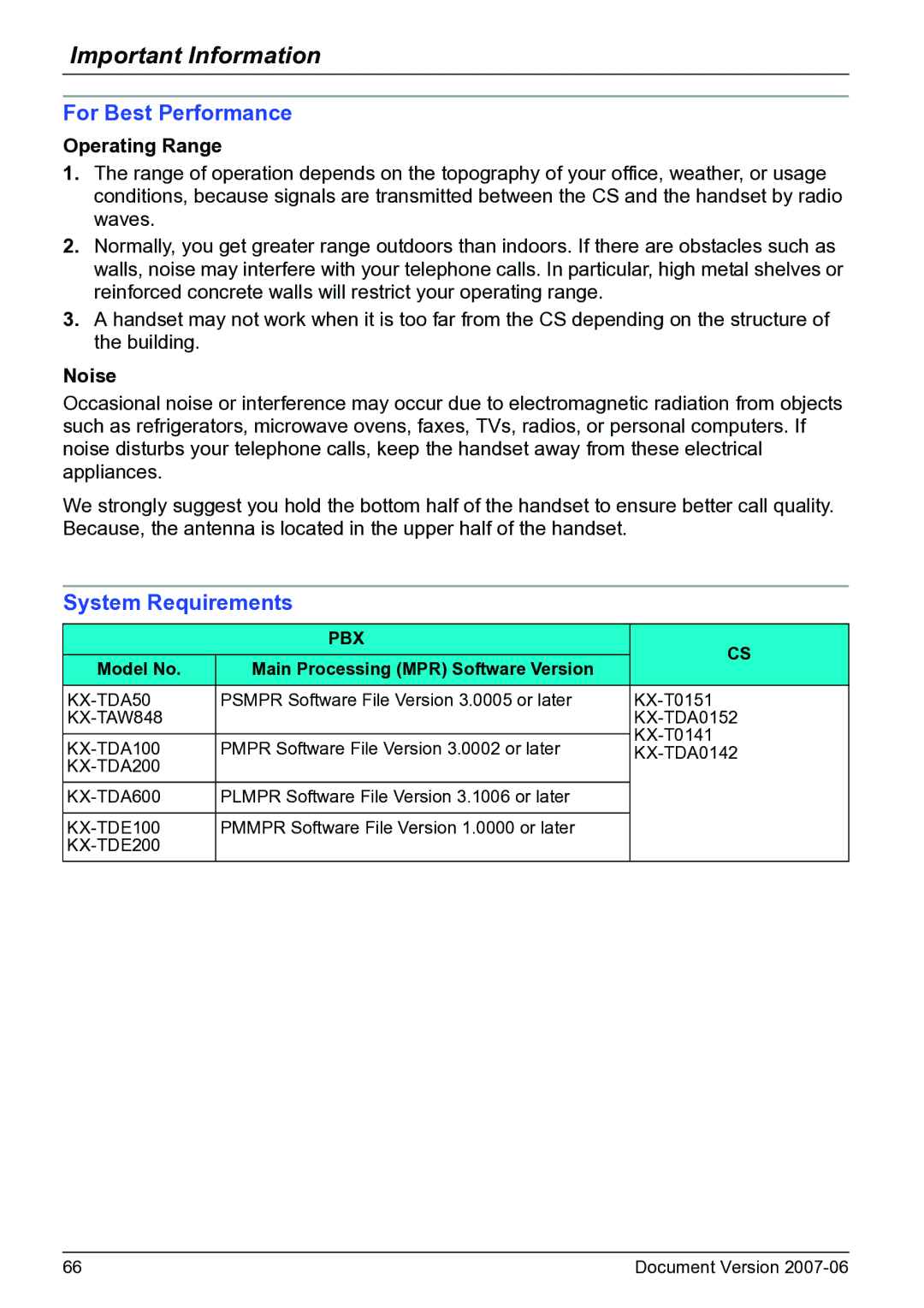 Panasonic KX-TD7684 operating instructions Operating Range, Noise, Model No Main Processing MPR Software Version 